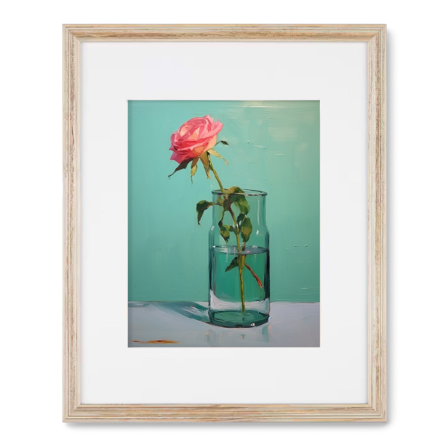 A stunning art print of a Glass of Water in Greens rose in a glass vase, perfect for wall decor from Stannie & Lloyd.