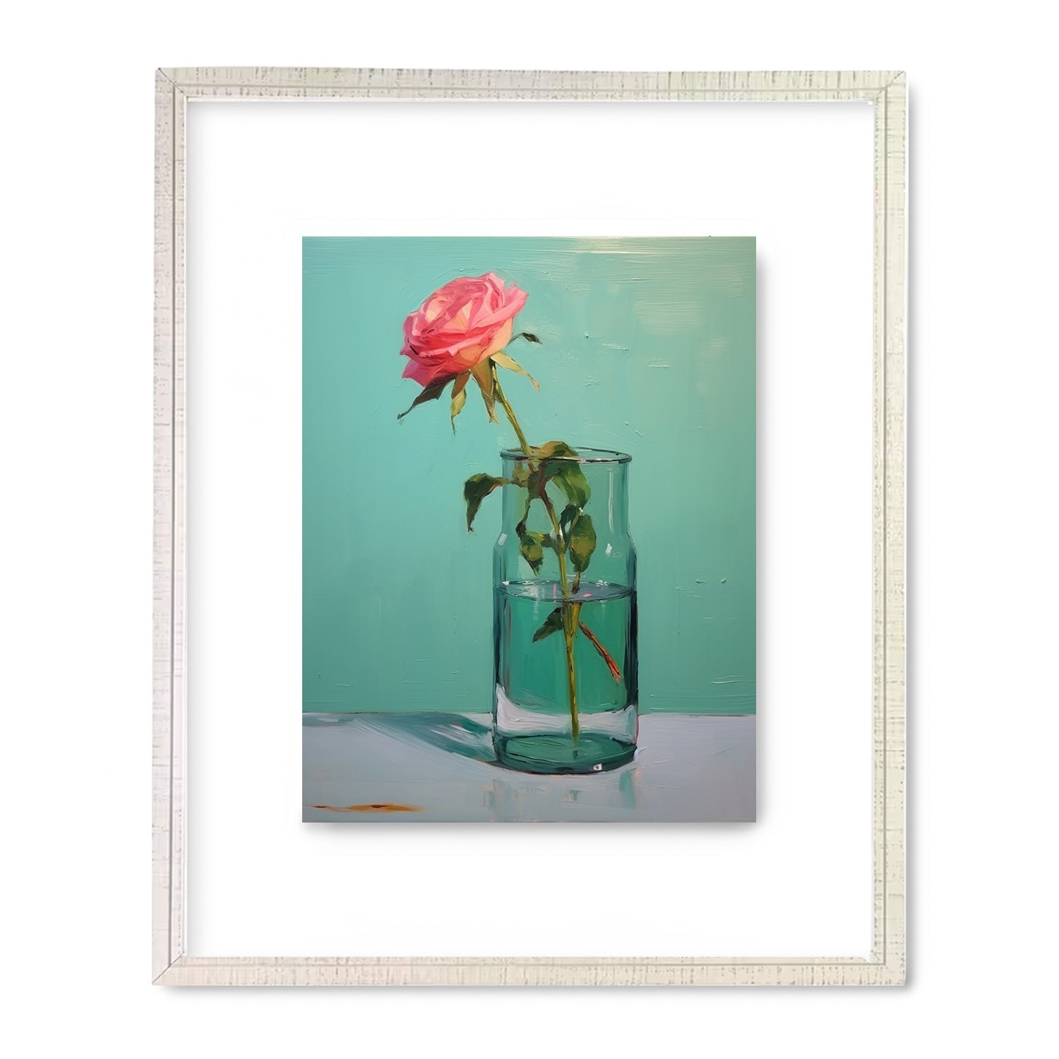 A stunning art print capturing the beauty of a Glass of Water in Greens rose in a glass vase, perfect as wall art for your living room from Stannie & Lloyd.