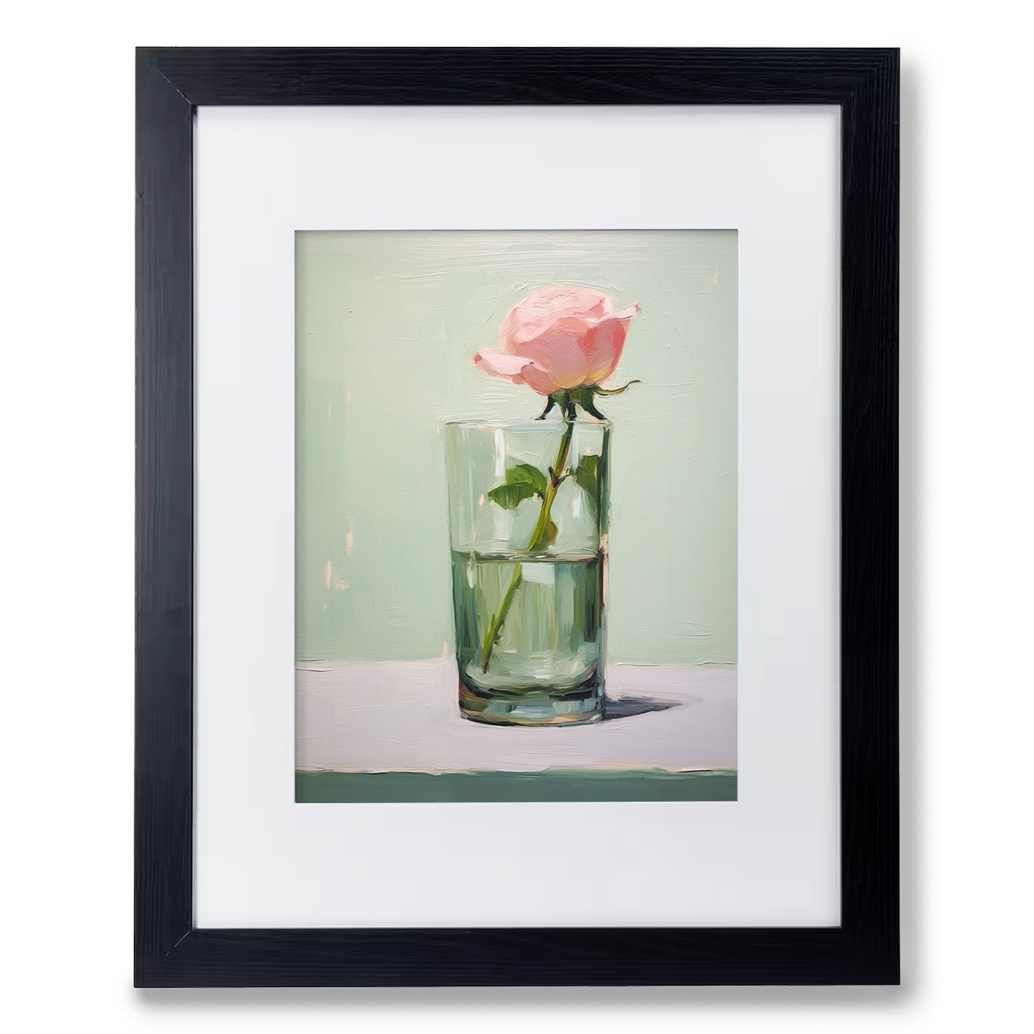 A captivating art print of a pink rose delicately placed inside a Stannie & Lloyd Glass of Water in Mint, perfect for adorning walls in need of artistic flair.