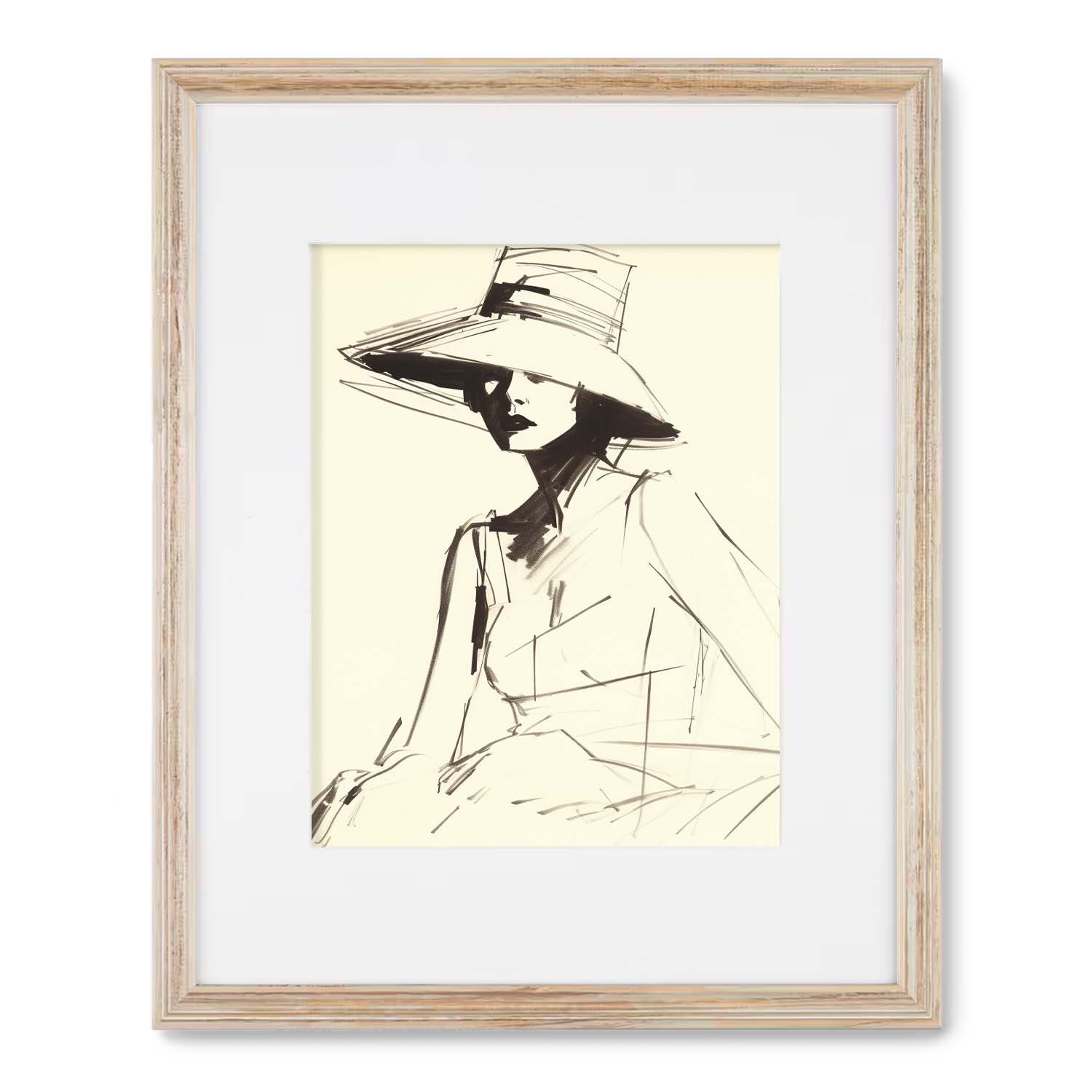 Sketch of a figure in a Hepburn Hat & Hot Days hat, framed and matted on a wall as Stannie & Lloyd vintage wall art.