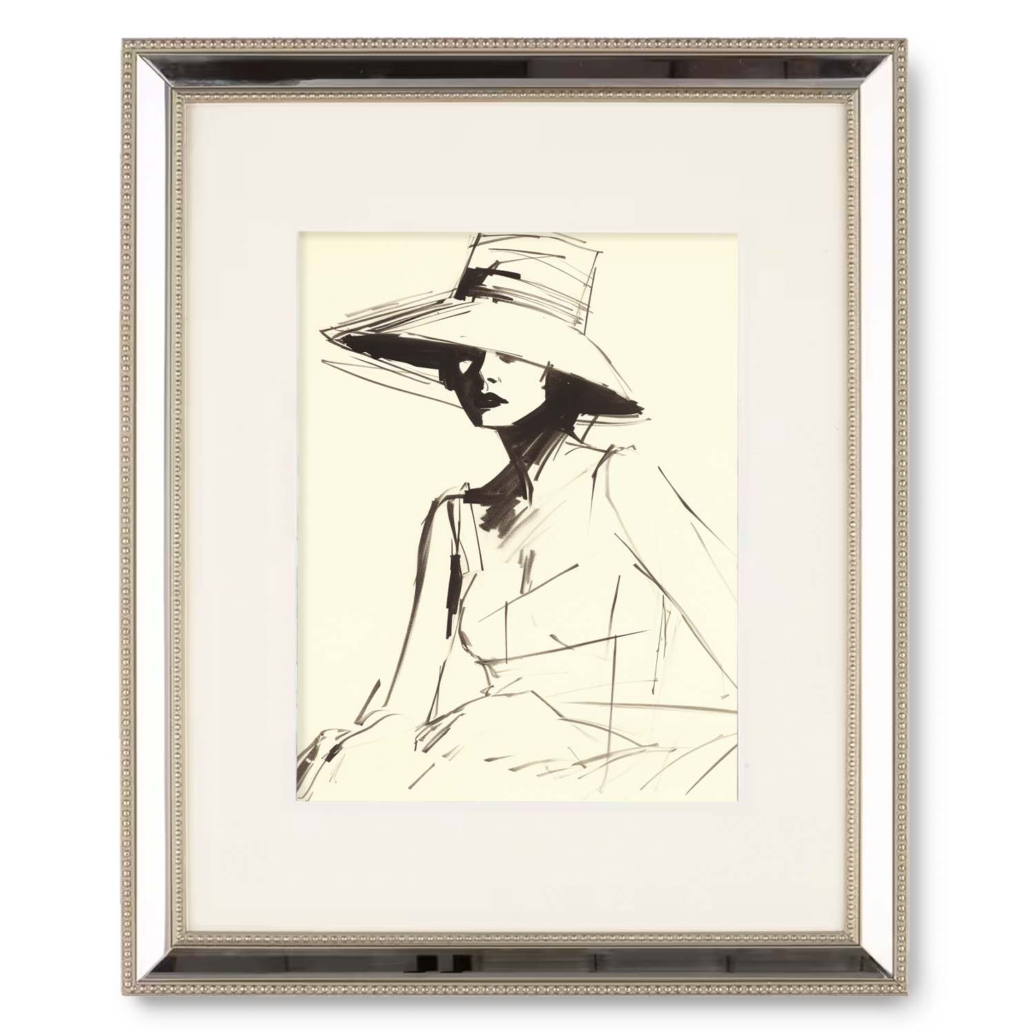 Vintage wall art: Monochrome prints of art depicting a person wearing a wide-brimmed hat, framed and matted by Stannie & Lloyd's Hepburn Hat & Hot Days.