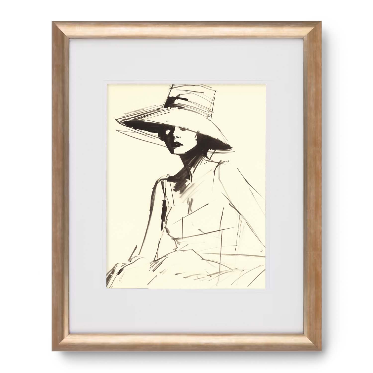 Sketch of a person in a Stannie & Lloyd Hepburn Hat & Hot Days, vintage poster, framed and mounted on walls with art.