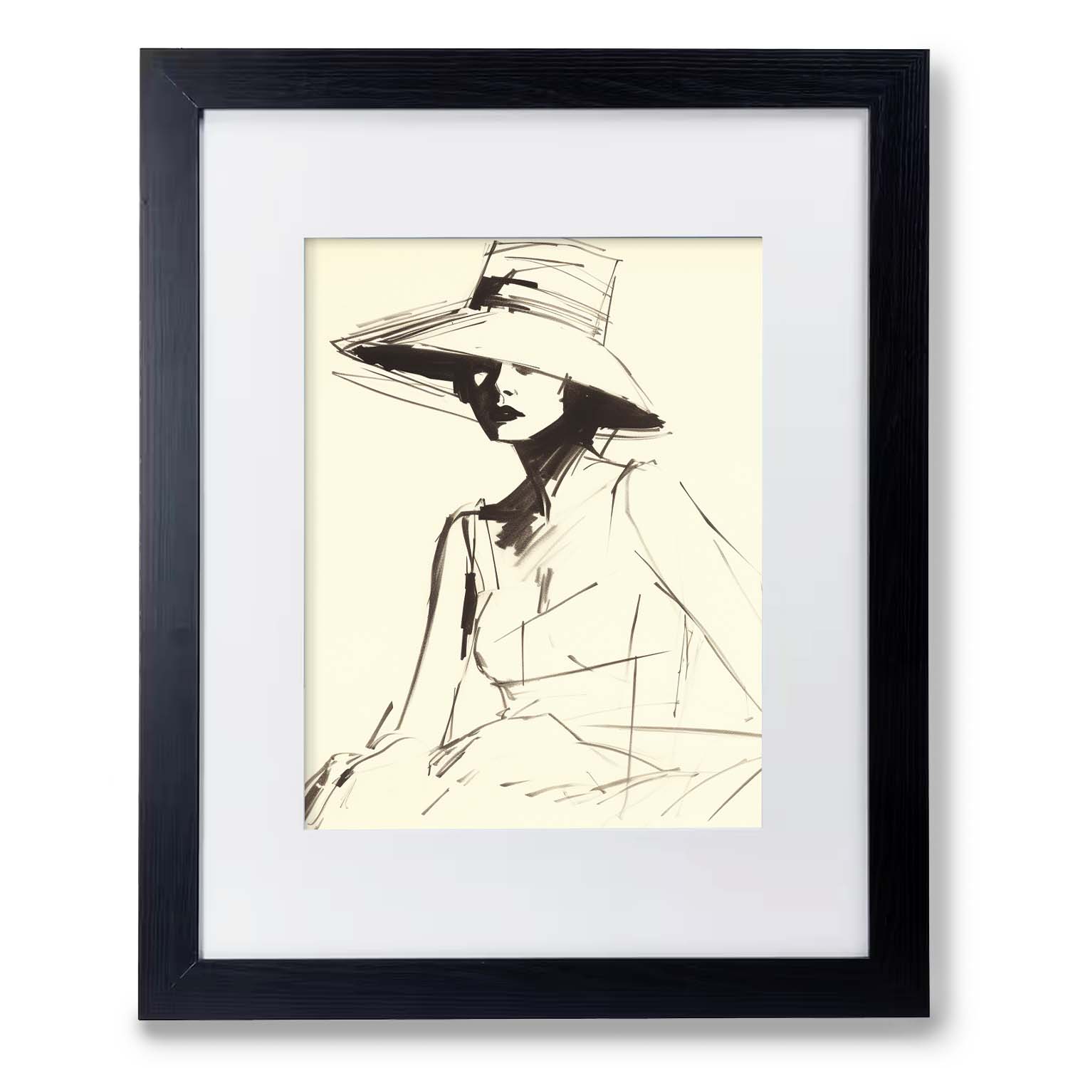 Framed minimalist vintage wall art of a woman wearing a Hepburn Hat by Stannie & Lloyd.