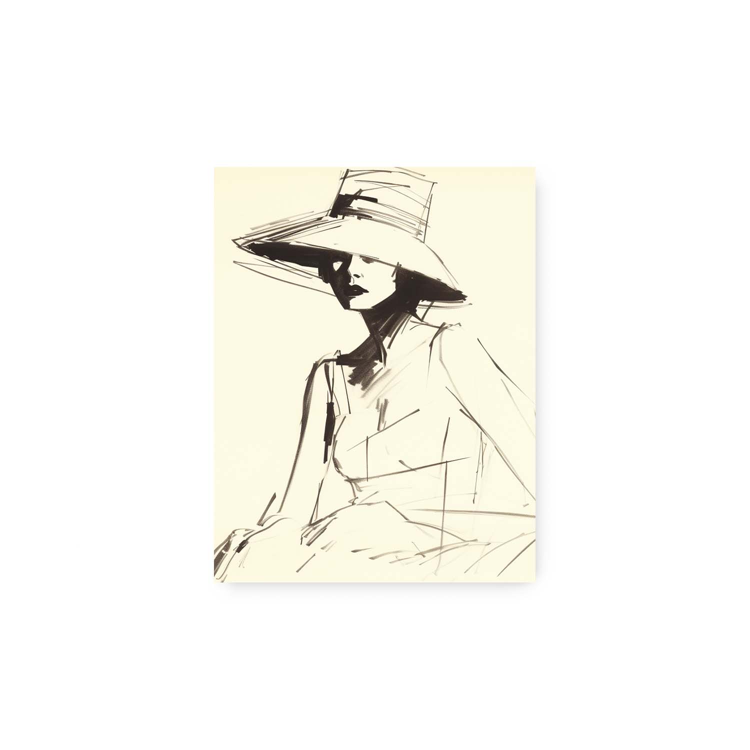 A sketch of a person wearing the Stannie & Lloyd Hepburn Hat & Hot Days, depicted in vintage wall art style with bold strokes.