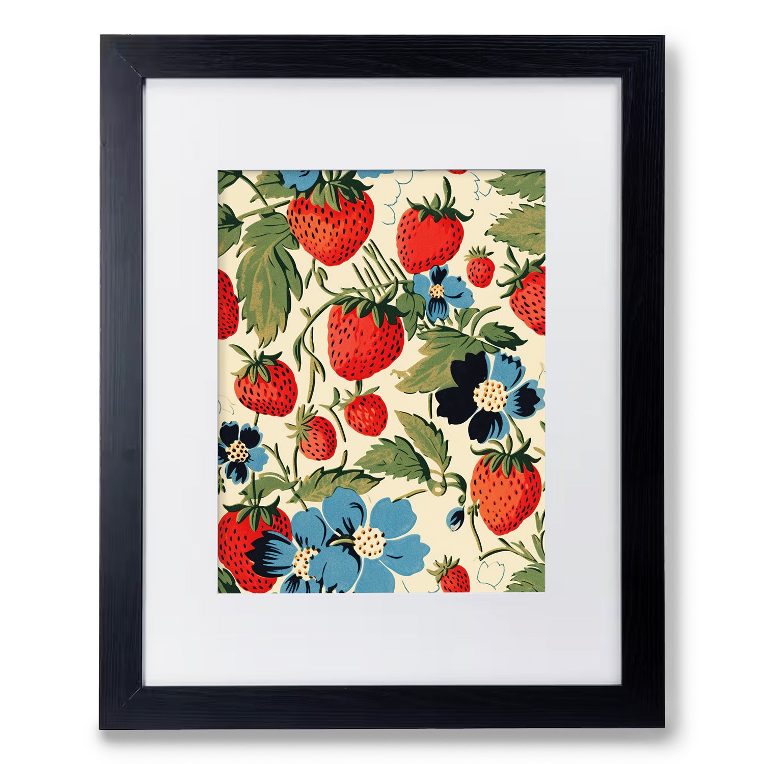 A black framed Strawberry Fields art print featuring strawberries and flowers by Stannie & Lloyd.