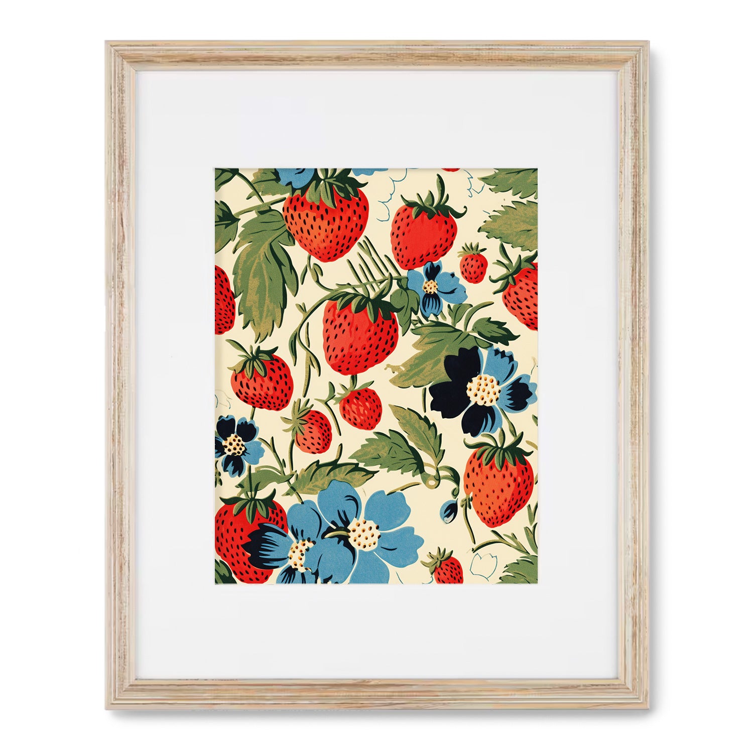 A Stannie & Lloyd Strawberry Fields framed art print with strawberries and blue flowers perfect for modern wall art.