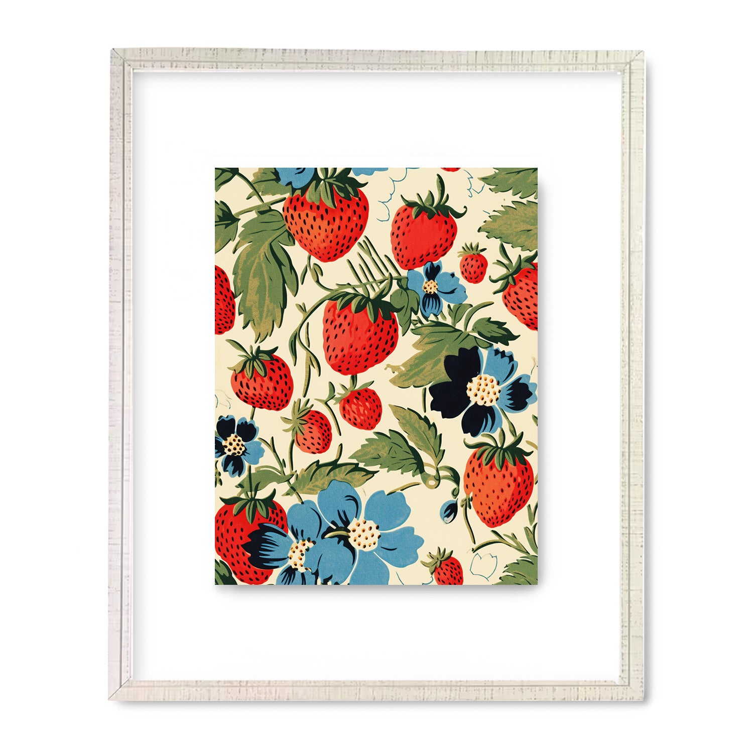 A modern Strawberry Fields wall art print with Stannie & Lloyd strawberries and blue flowers.