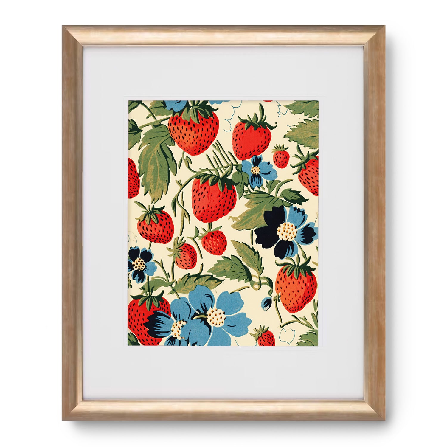 A framed art print of Strawberry Fields strawberries and Stannie & Lloyd blue flowers.