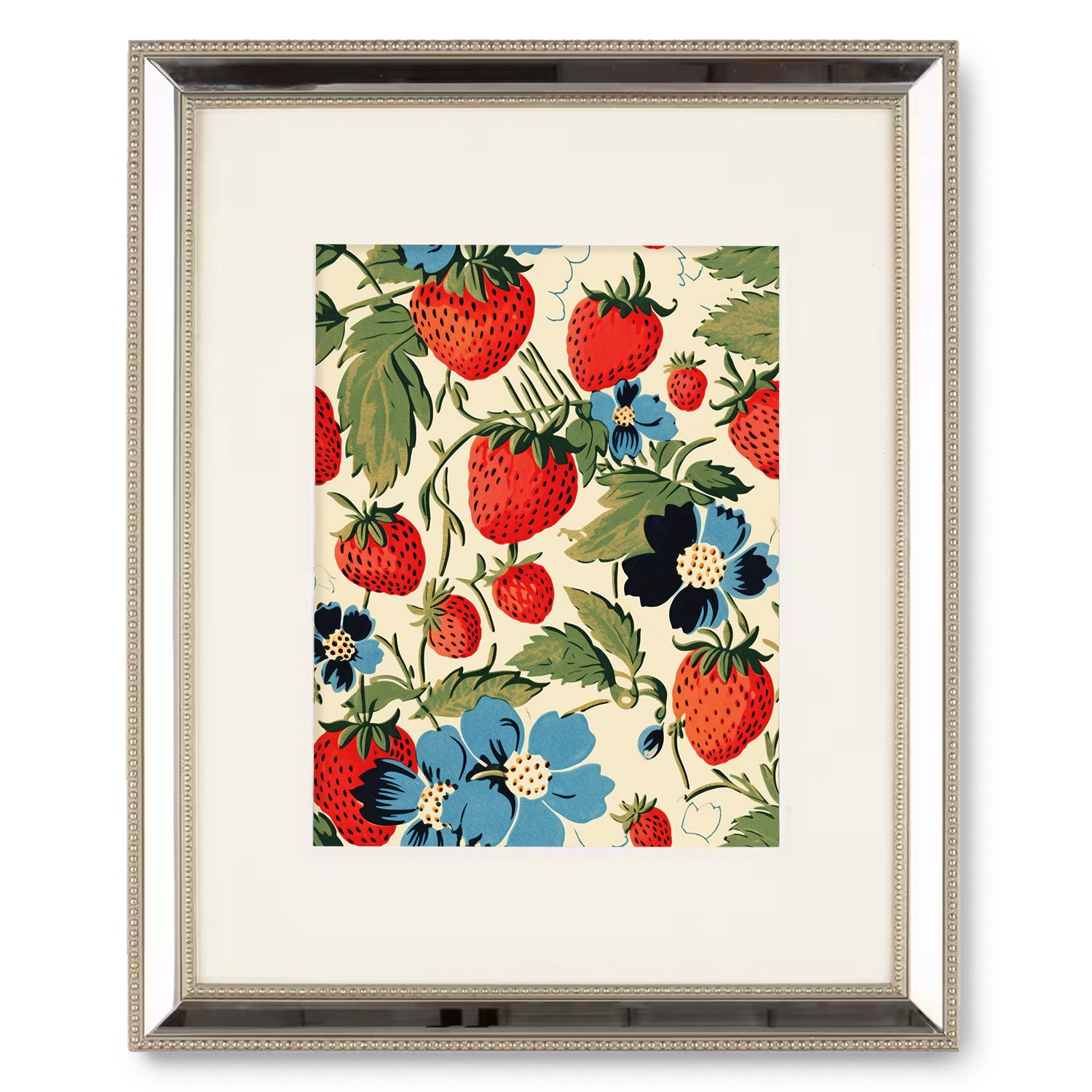 A vintage art print of Strawberry Fields and blue flowers by Stannie & Lloyd.