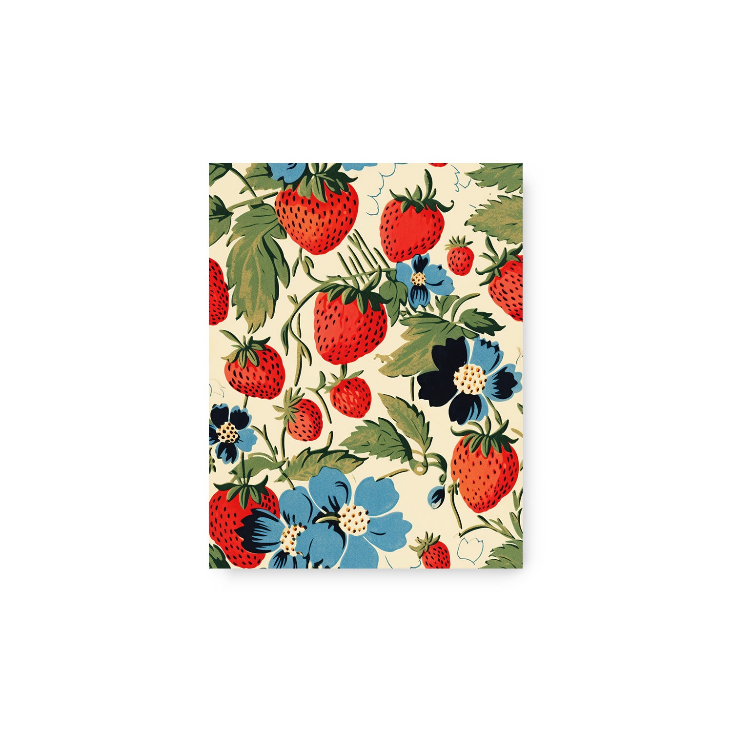 A Strawberry Fields wall art print with strawberries and blue flowers by Stannie & Lloyd.