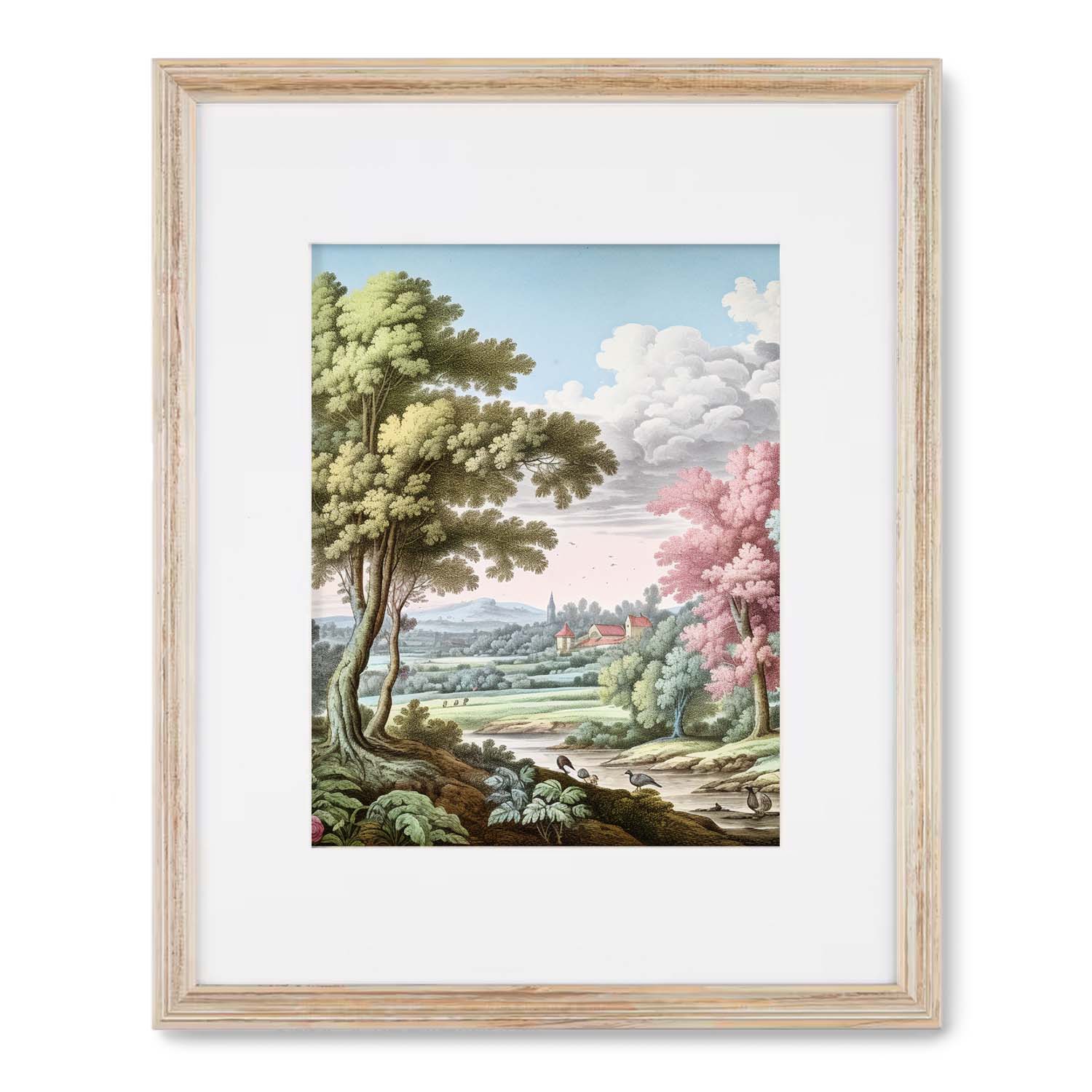 Vintage poster of Pemberly's Path by Stannie & Lloyd, depicting a pastoral landscape with trees, clouds, and a village in the distance.