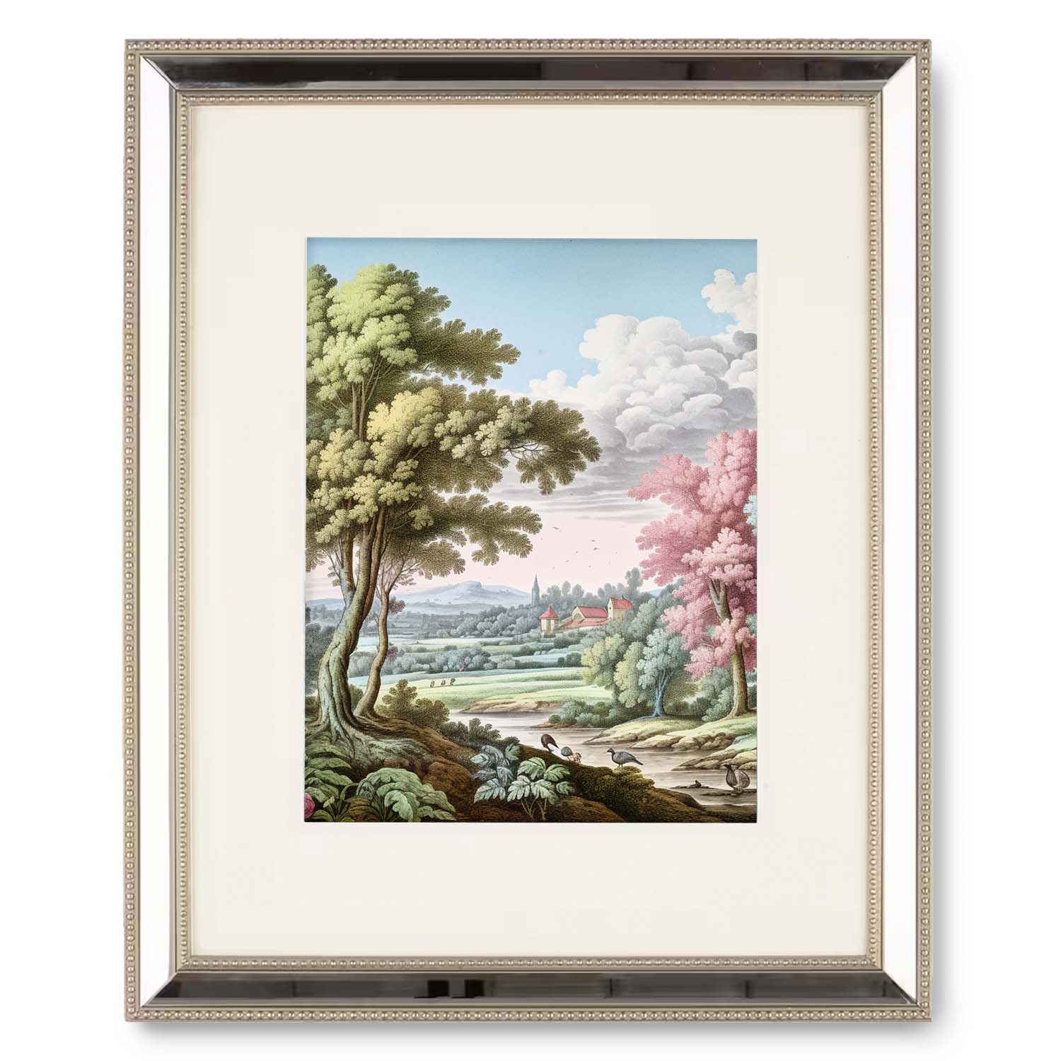 Framed Pemberly's Path wall art prints with colorful trees and a view of a distant village by Stannie & Lloyd.