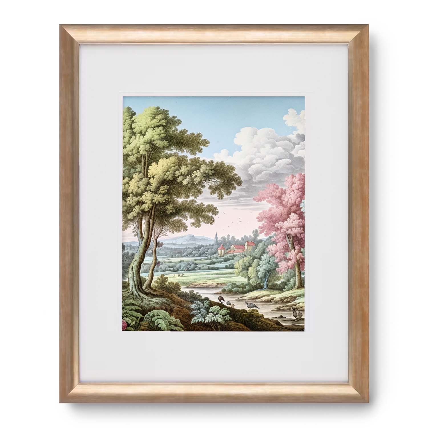 Framed Pemberly's Path wall art by Stannie & Lloyd featuring vibrant trees and a distant village.