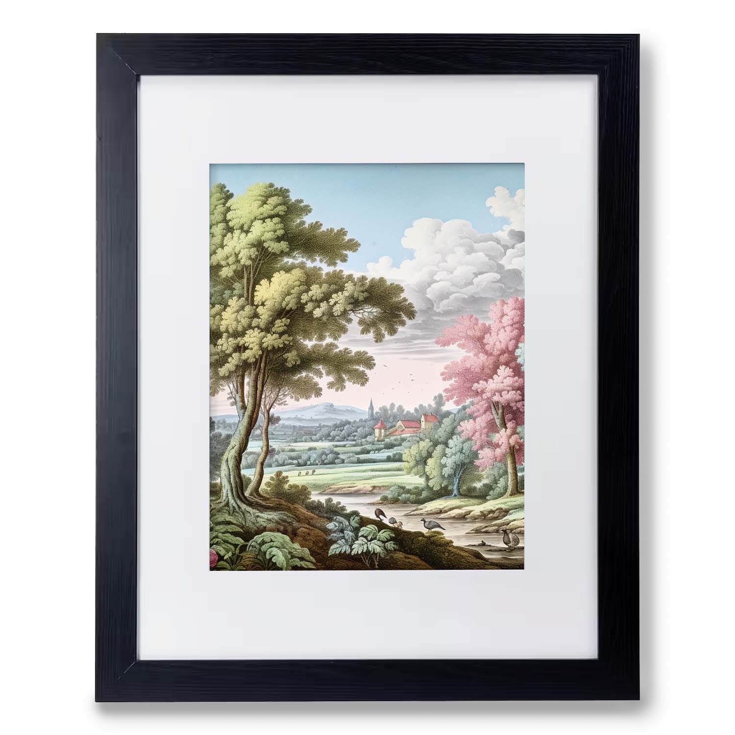 A framed illustration of Pemberly's Path, a classical landscape with colorful trees, a distant village, and wall art prints by Stannie & Lloyd.