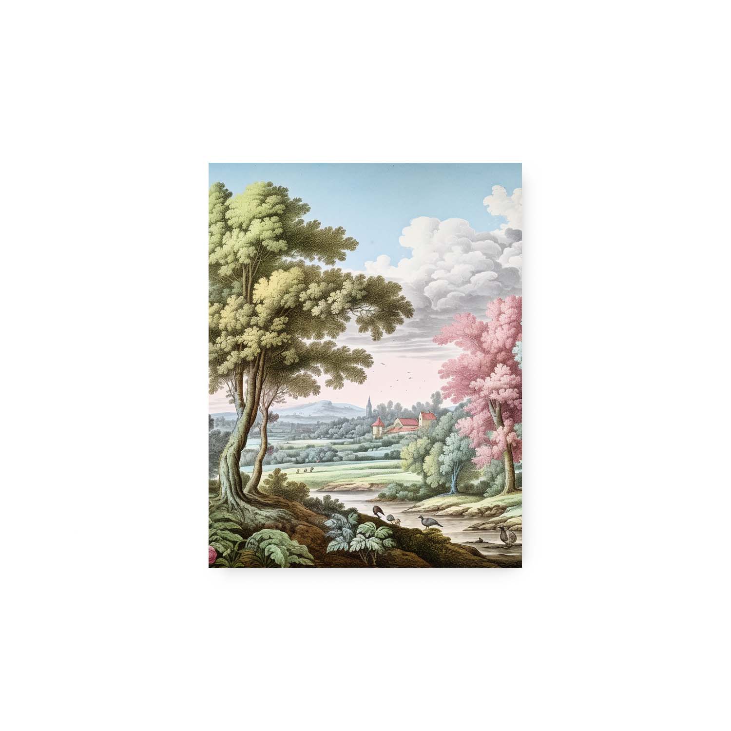 Vintage poster of Pemberly's Path, a pastoral landscape with lush trees and distant village, perfect for wall art prints from Stannie & Lloyd.