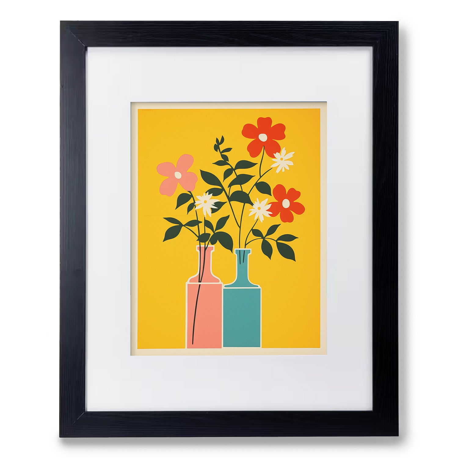 A black framed print with flowers in vases on a yellow background, called "Windowsill Cheer" by Stannie & Lloyd, is a modern wall art.