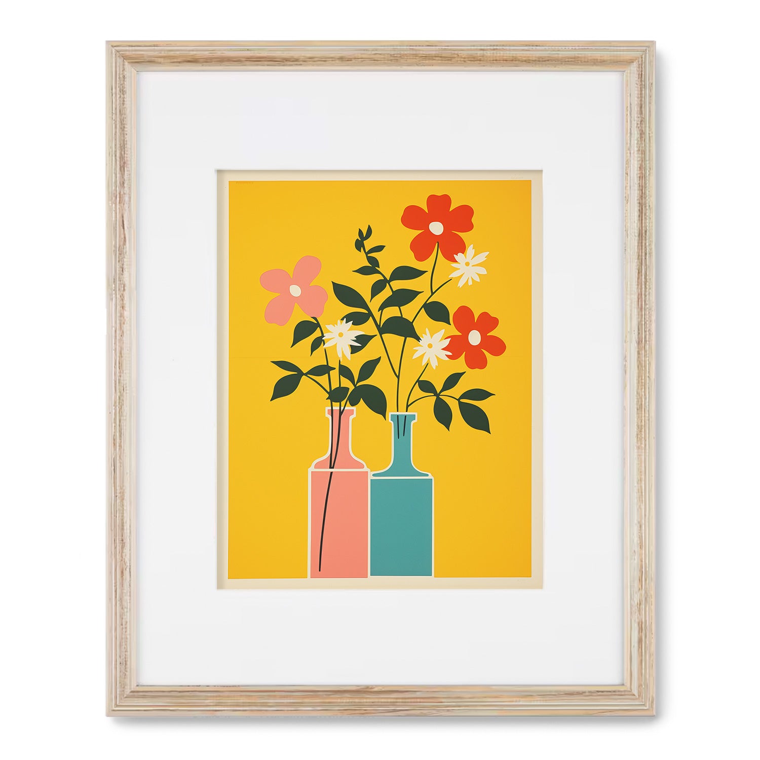 A framed print of flowers in vases on a yellow background, called "Windowsill Cheer" by Stannie & Lloyd.