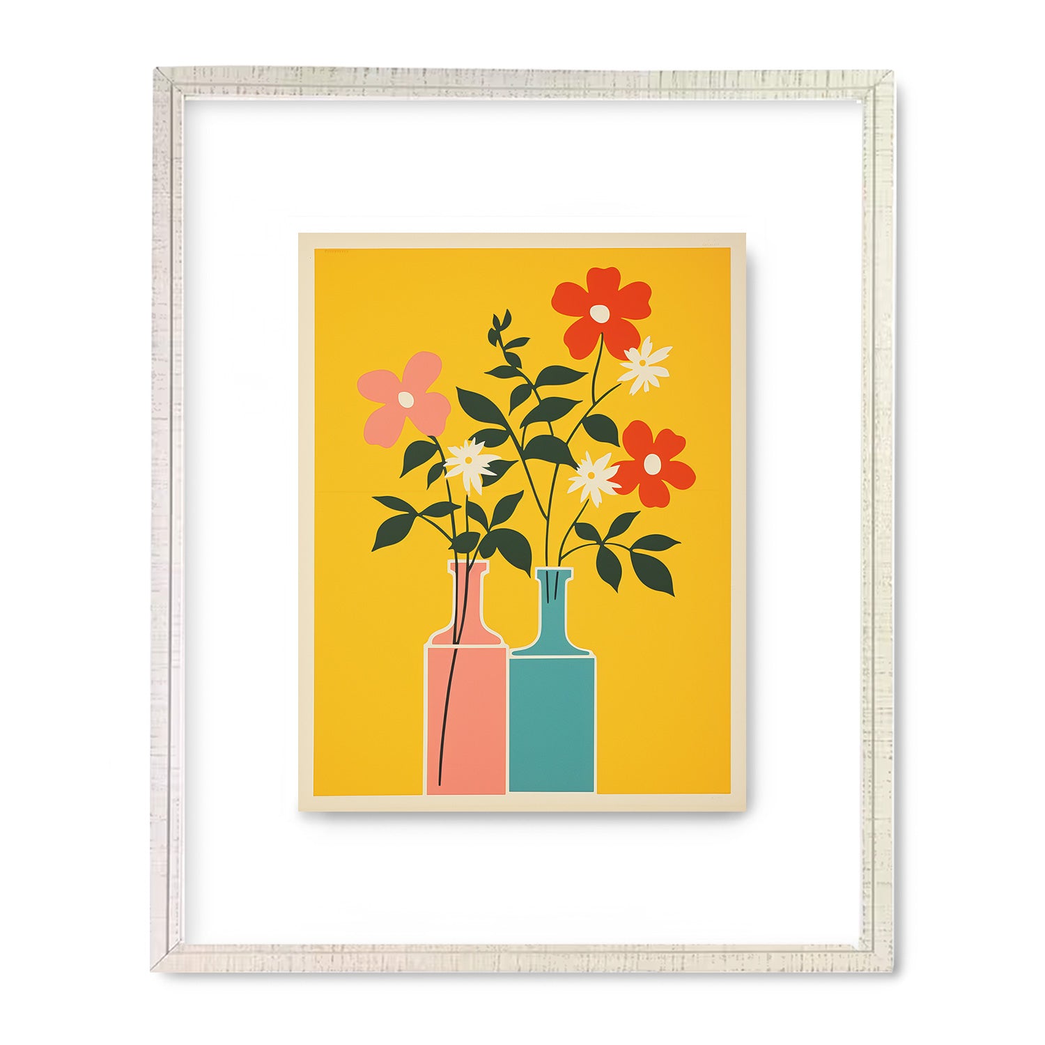 A Stannie & Lloyd vintage framed print of flowers in vases on a yellow background named Windowsill Cheer.