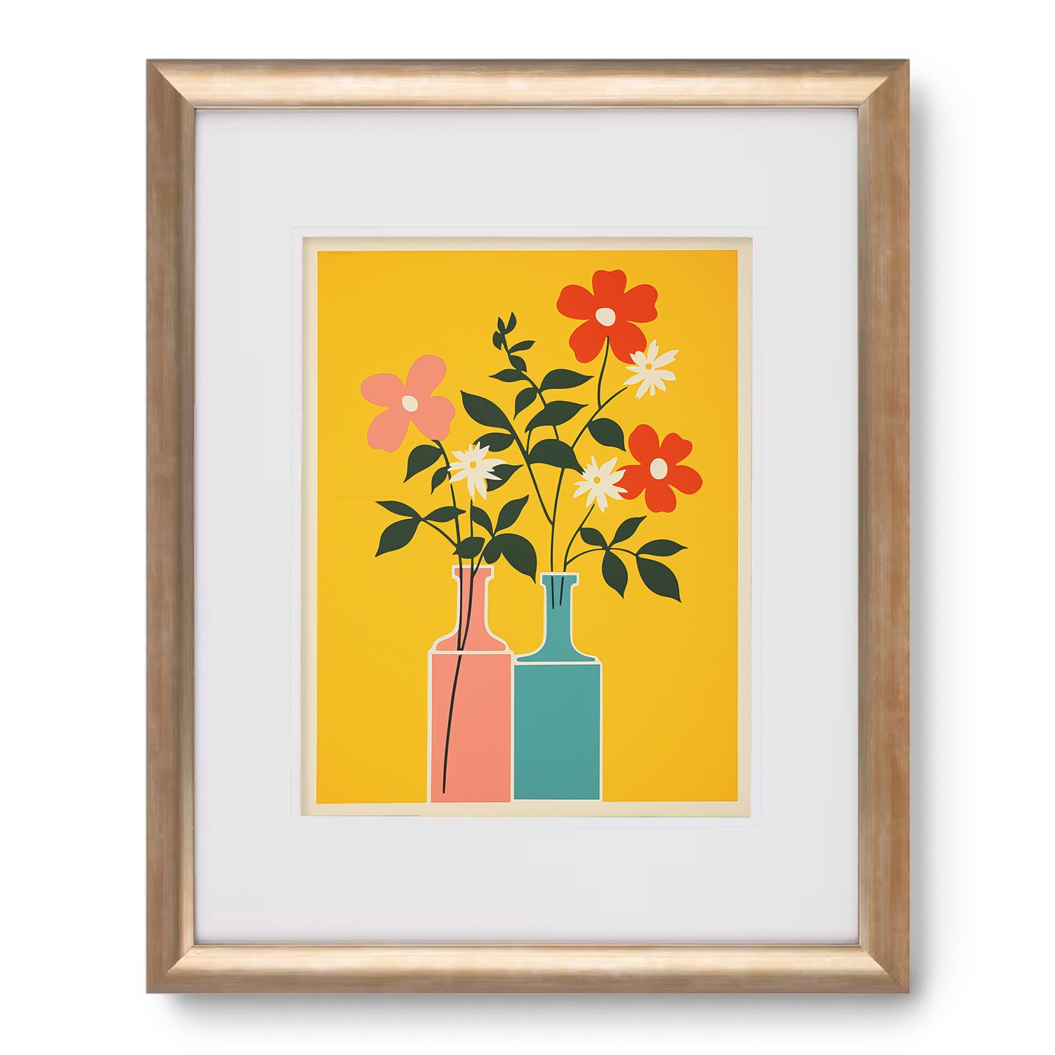 A framed print of Windowsill Cheer flowers on a yellow background by Stannie & Lloyd.