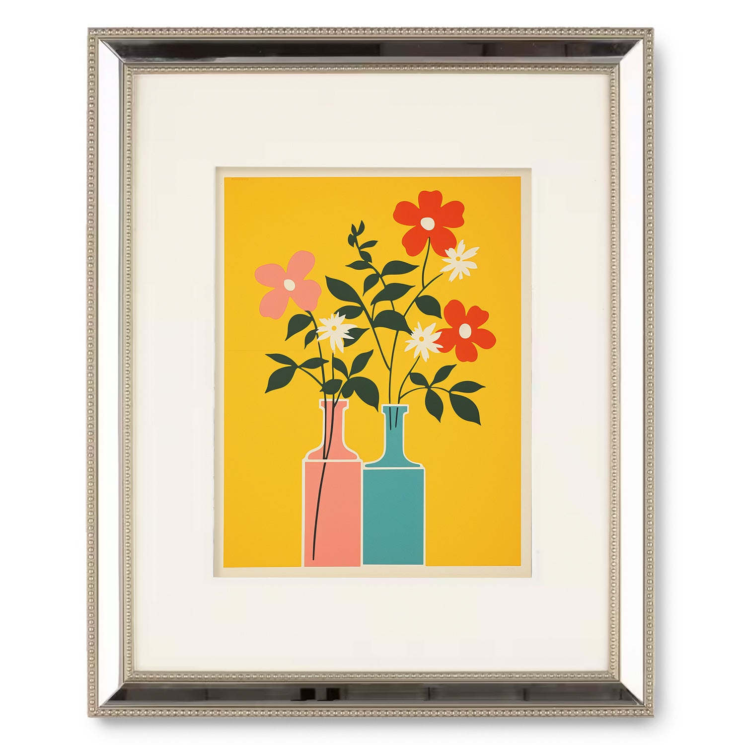 A framed print of Windowsill Cheer flowers on a yellow background by Stannie & Lloyd.