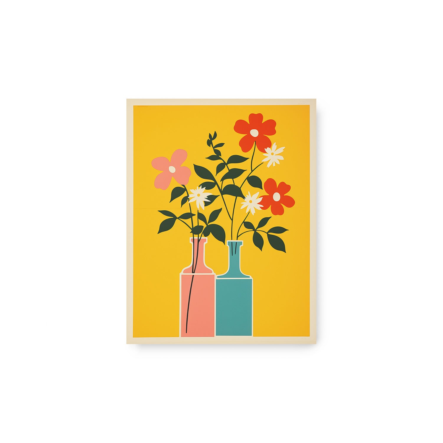 A poster with flowers in vases on a yellow background is a Stannie & Lloyd Windowsill Cheer arts print.