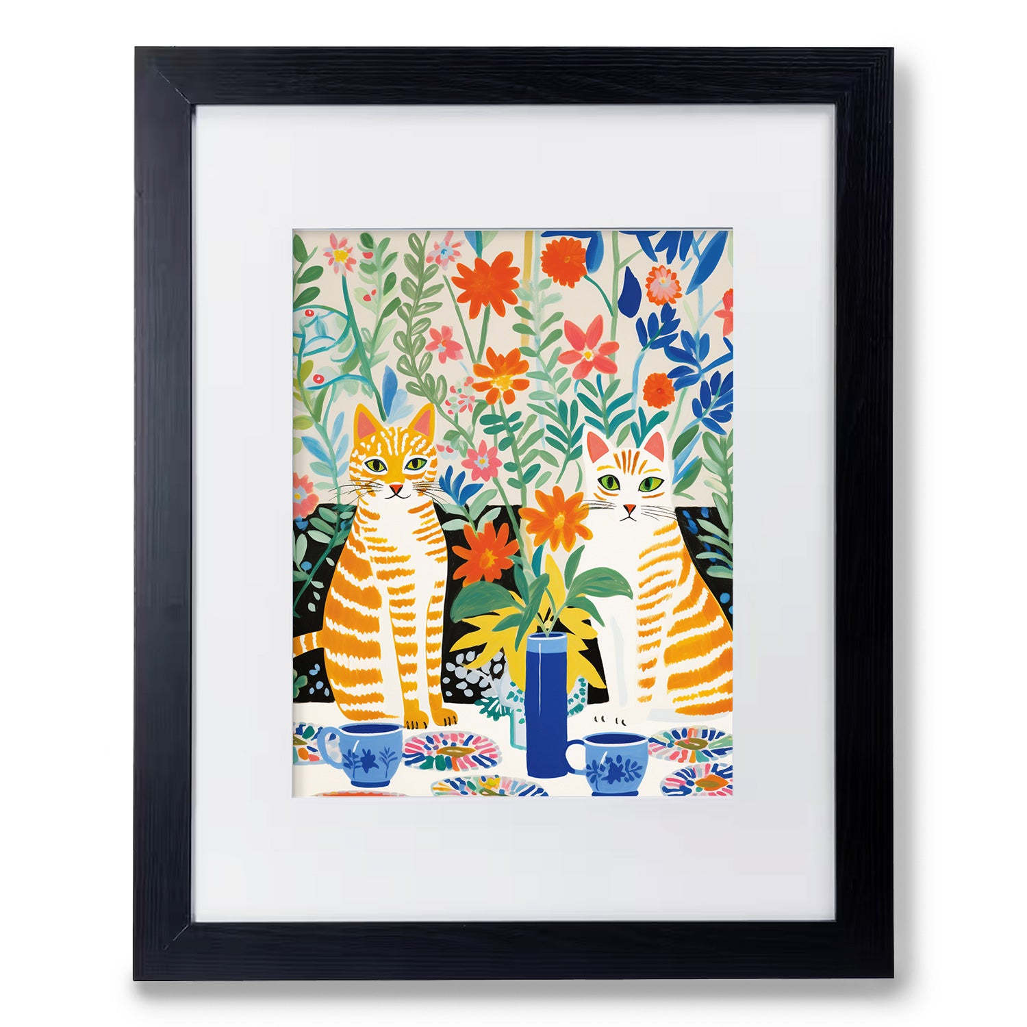 An Elsie & Lemon at High Tea art print of two orange cats in a garden, beautifully displayed on a Stannie & Lloyd black frame.