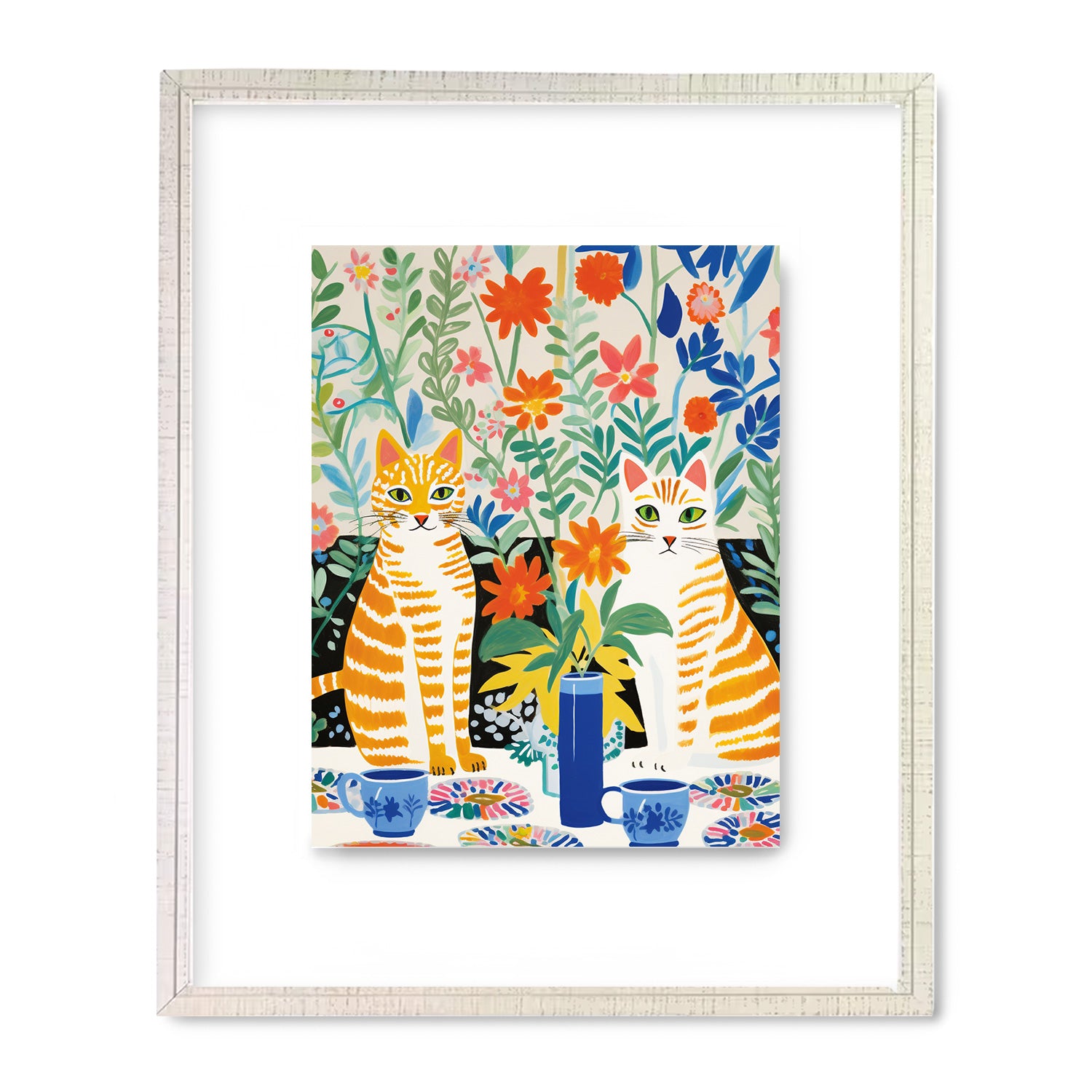 A vibrant framed print of "Elsie & Lemon at High Tea" by Stannie & Lloyd, perfect as wall art for living room or to enhance maximalist decor.