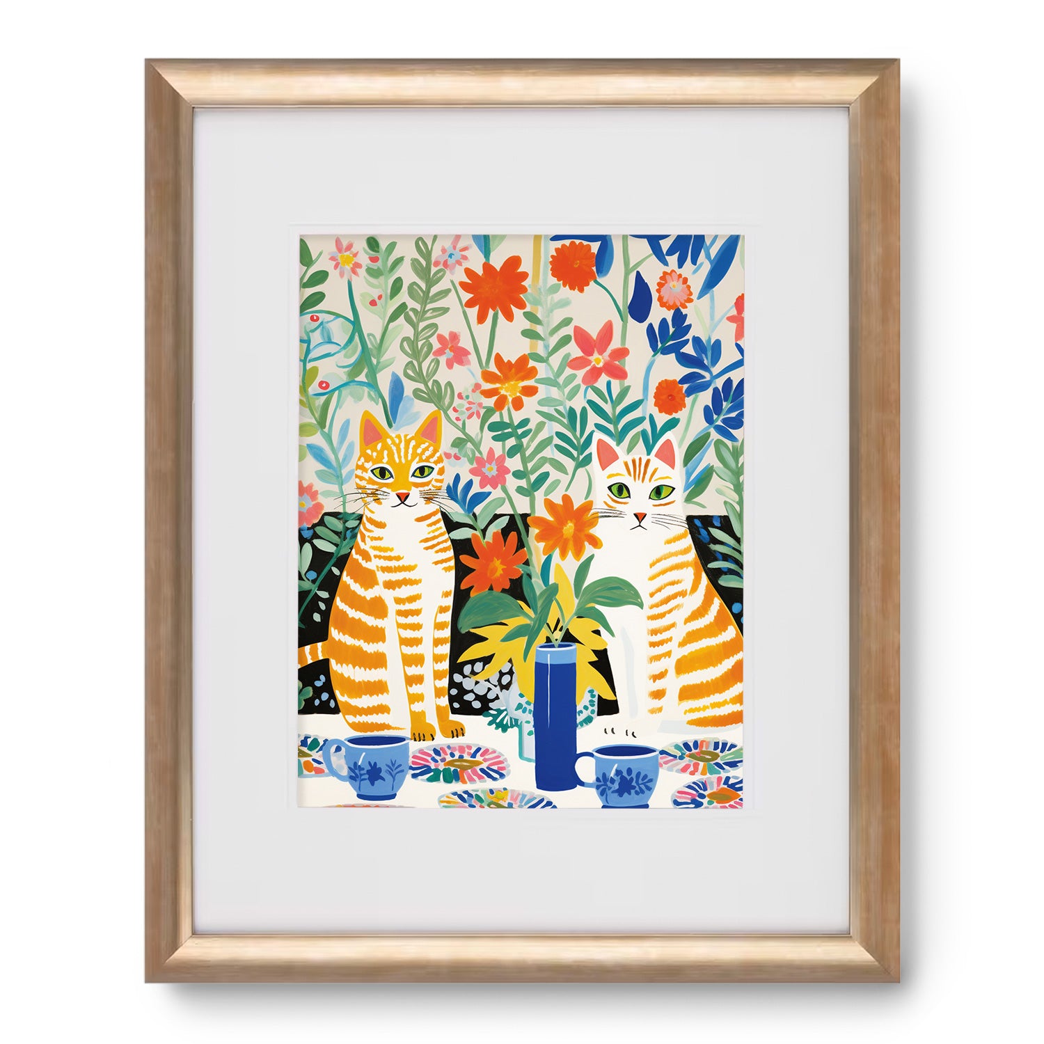 A Stannie & Lloyd framed print of two orange cats in a garden, perfect wall art for living room with maximalist decor.