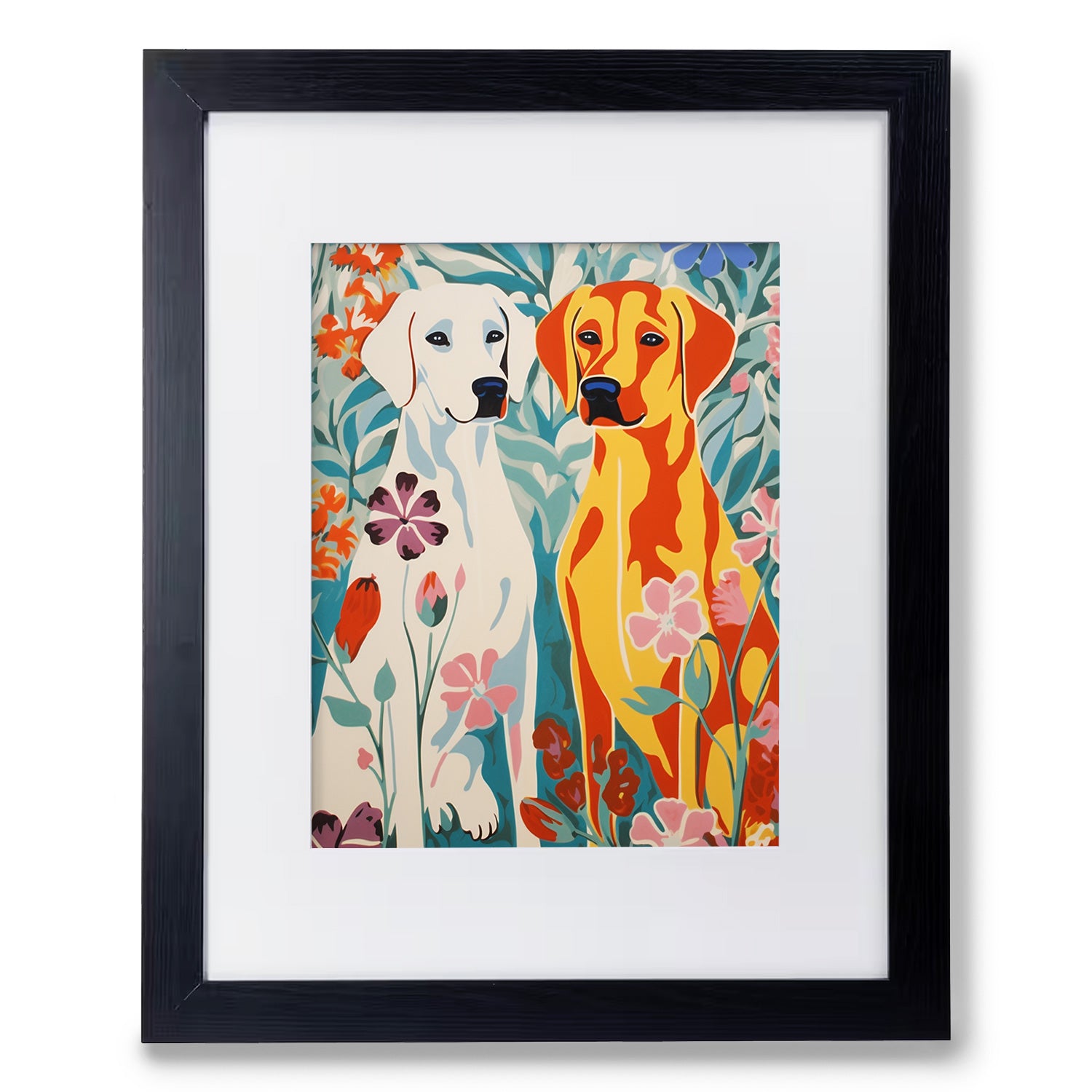 A maximalist wall decor featuring two labrador dogs in an art print called "From the Heart" by Stannie & Lloyd.