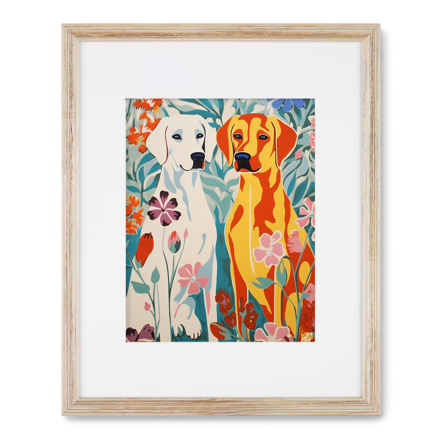 A wall decor featuring an art print of two dogs amidst a beautiful field of flowers, From the Heart by Stannie & Lloyd.