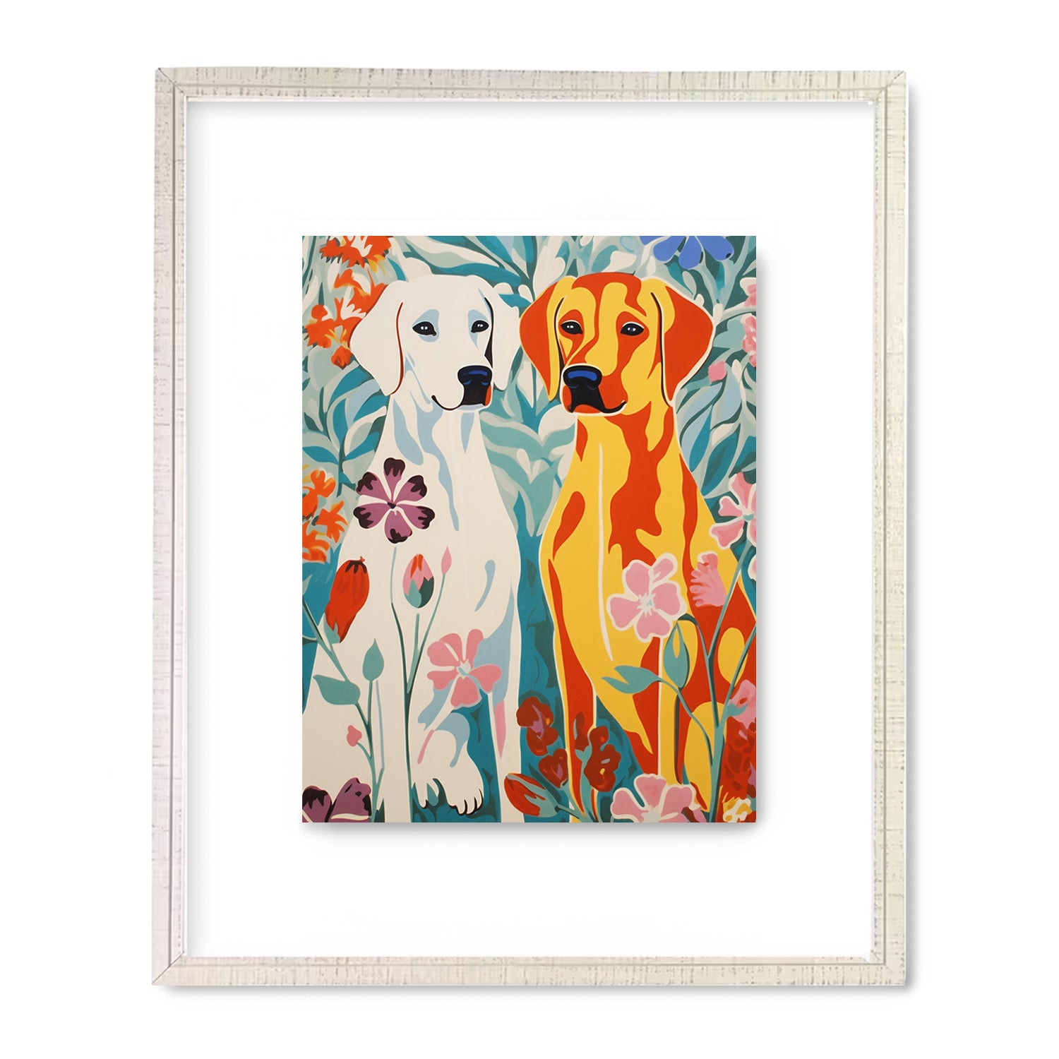 Two labrador dogs surrounded by flowers in a white frame, creating charming From the Heart art on walls from Stannie & Lloyd.