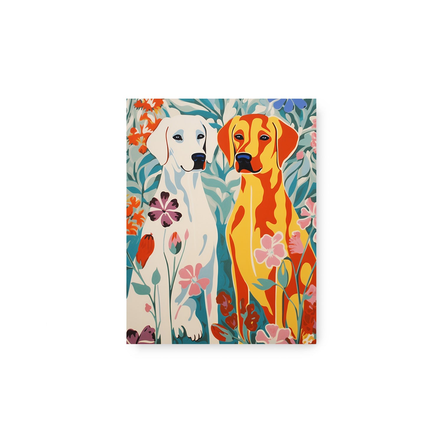 A vibrant painting of two dogs frolicking in a lush field of colorful flowers, perfect for maximalist decor or adding art on walls, From the Heart by Stannie & Lloyd.