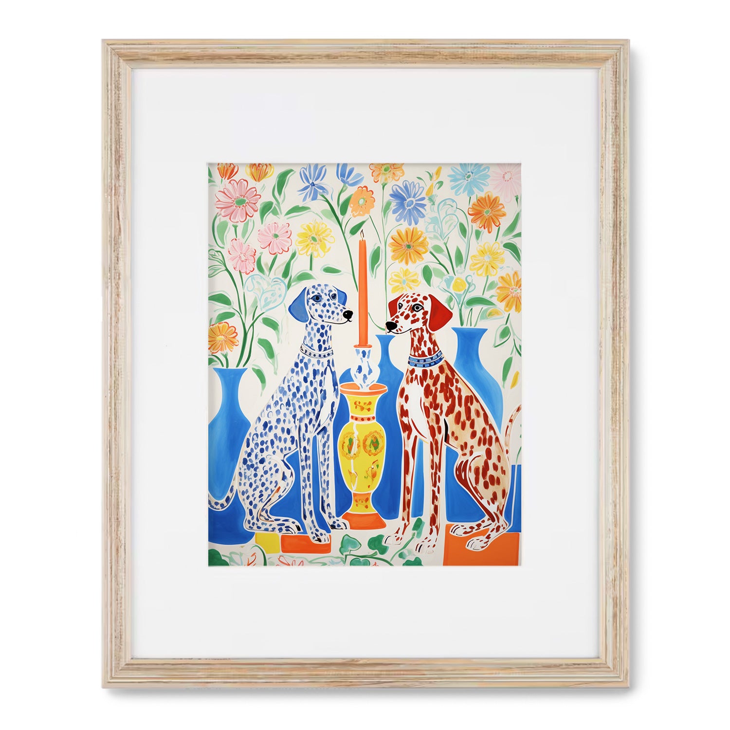 A Stannie & Lloyd framed art print showcasing two dalmatian dogs surrounded by flowers, perfect for maximalist decor.