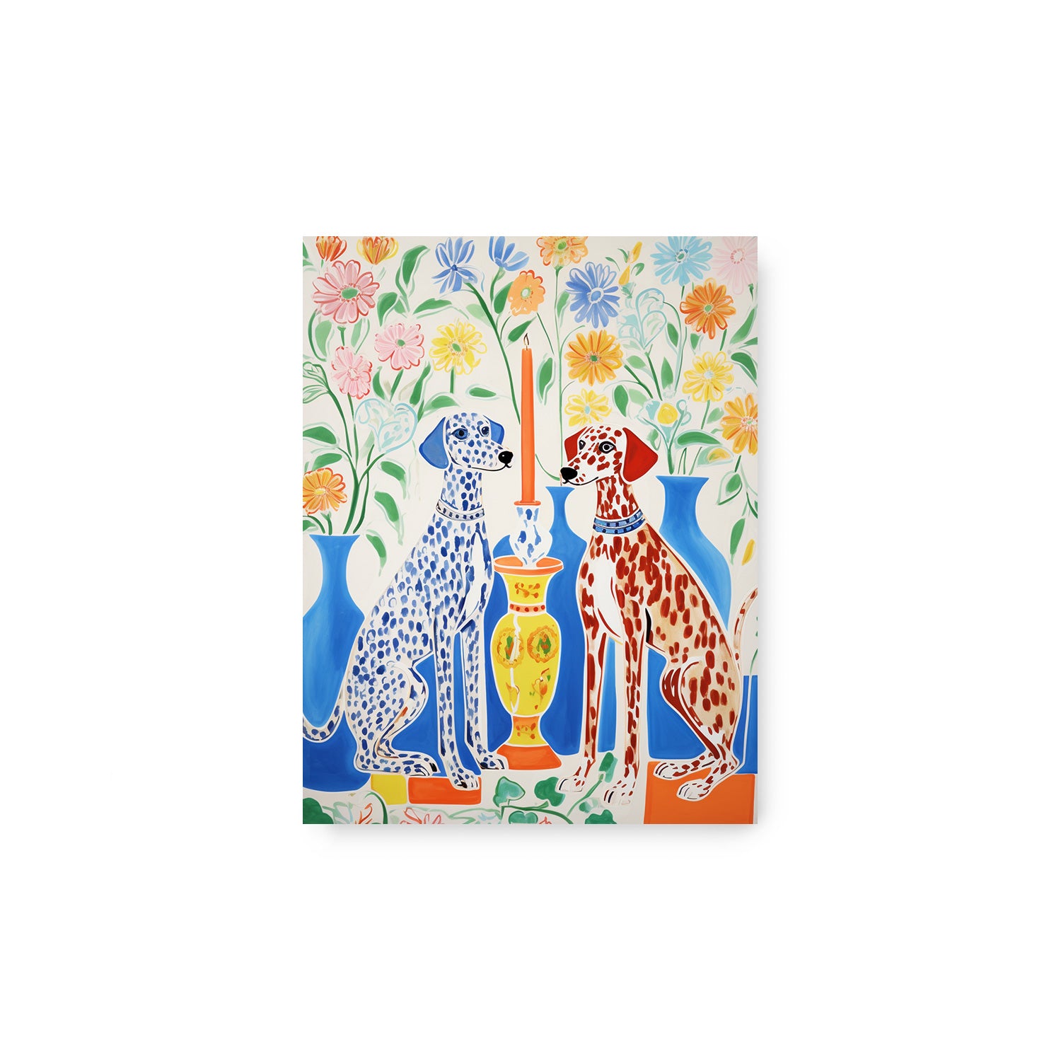 A Boothby & Kingston wall art print featuring two dogs surrounded by flowers in vases, perfect for adding vibrant decor to your living room.