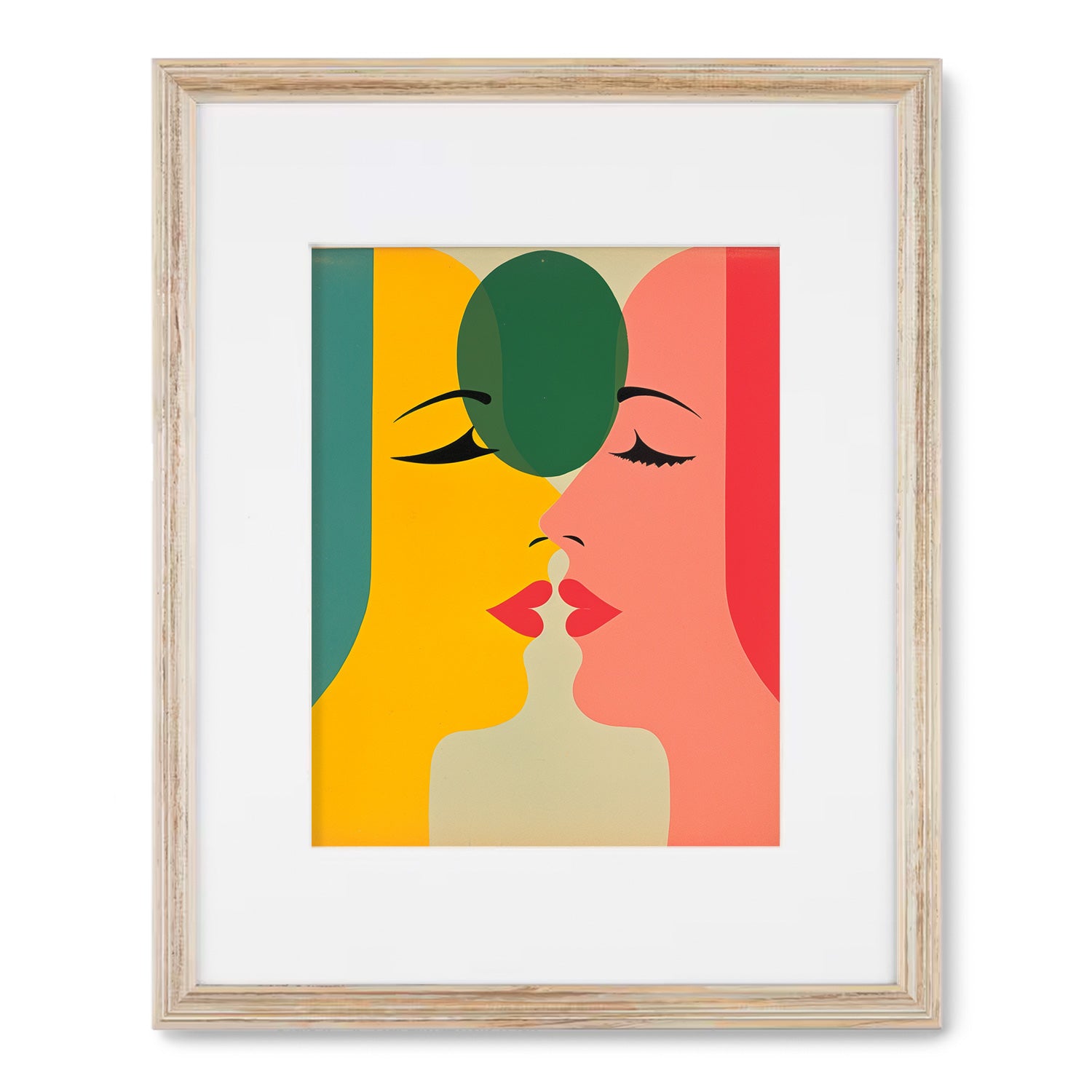 A vintage framed art print of "Not An Intellectual Matter" by Stannie & Lloyd, featuring two women kissing each other.