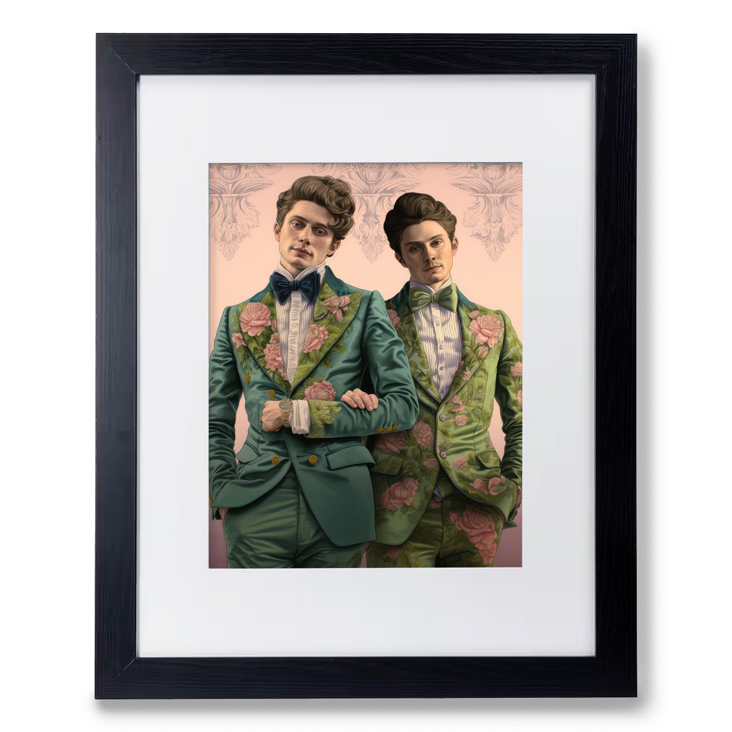 Two men in tuxedos framed in a Sense & Sensibility wood frame by Stannie & Lloyd.