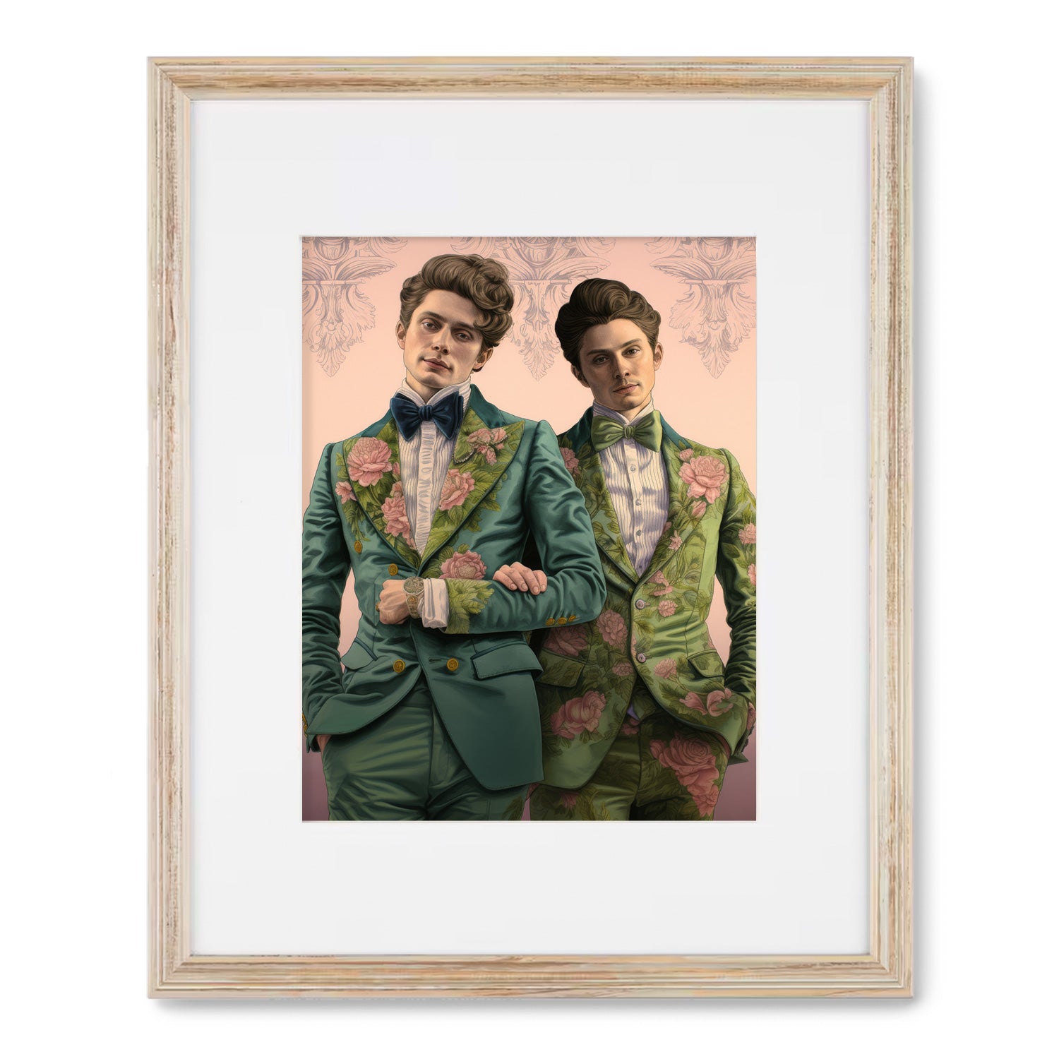 Two men in tuxedos in a Sense & Sensibility framed art print on Stannie & Lloyd wood frame.