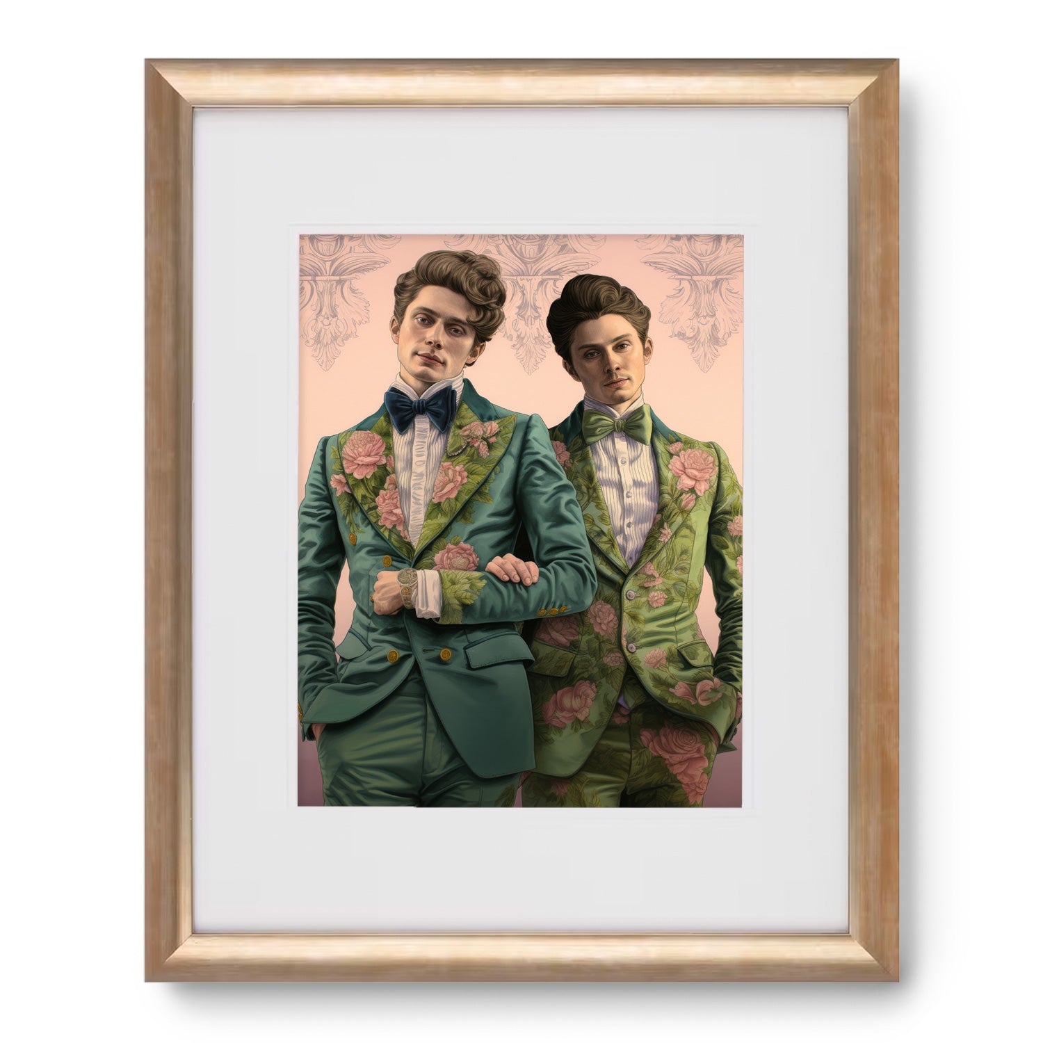 Two men in tuxedos in a Sense & Sensibility wood frame by Stannie & Lloyd.