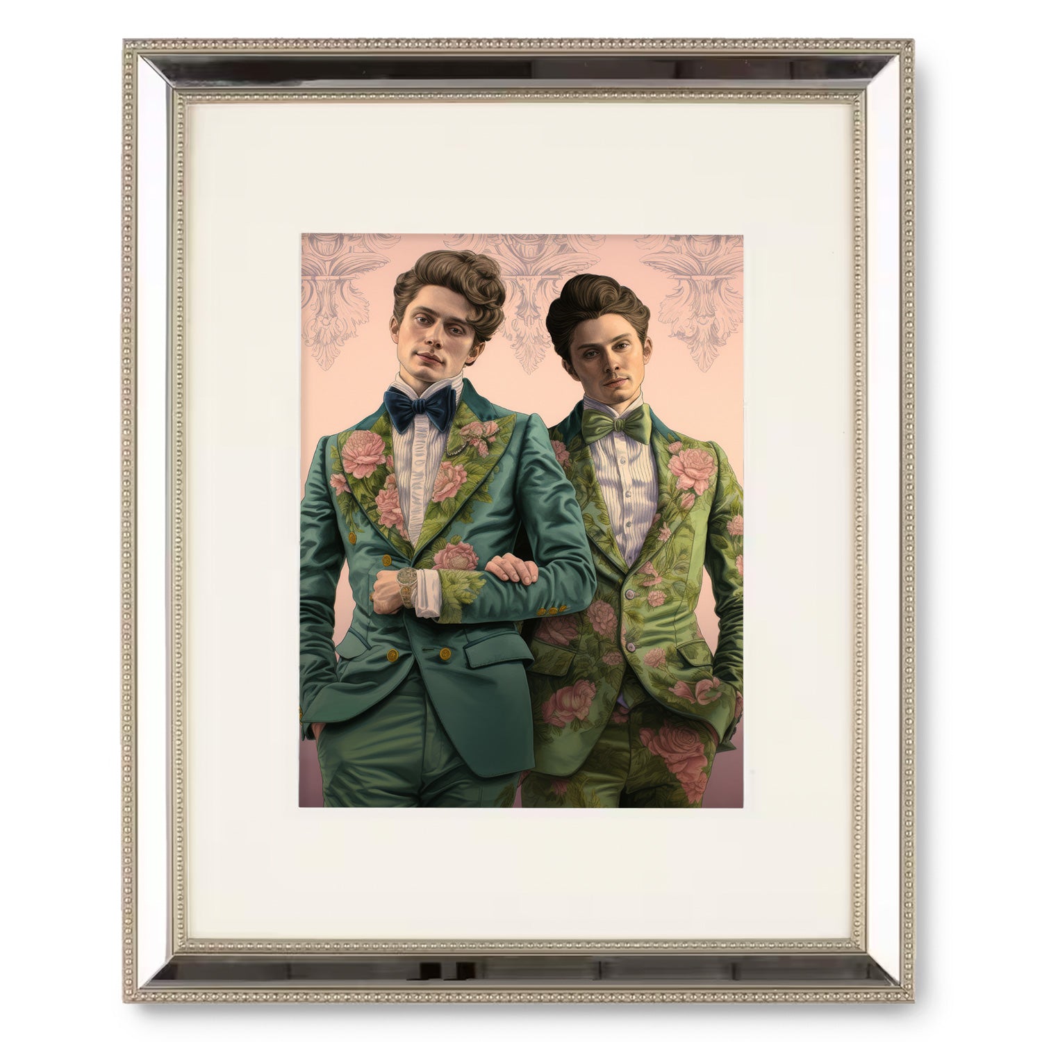 Two men in tuxedos standing next to each other, framed on Sense & Sensibility by Stannie & Lloyd.