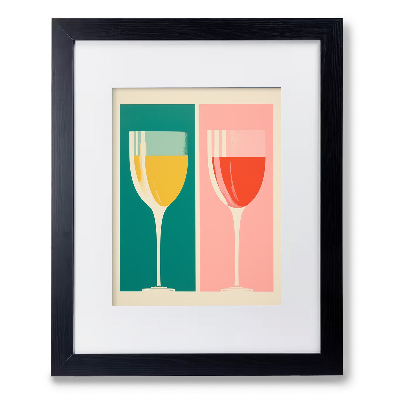 Two Stannie & Lloyd wine glasses in a wood frame.