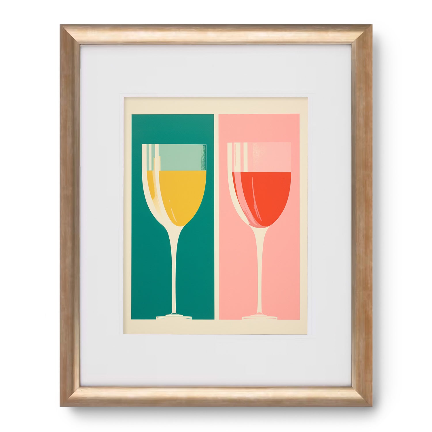 Two Stannie & Lloyd wine glasses in a gold-framed artwork.