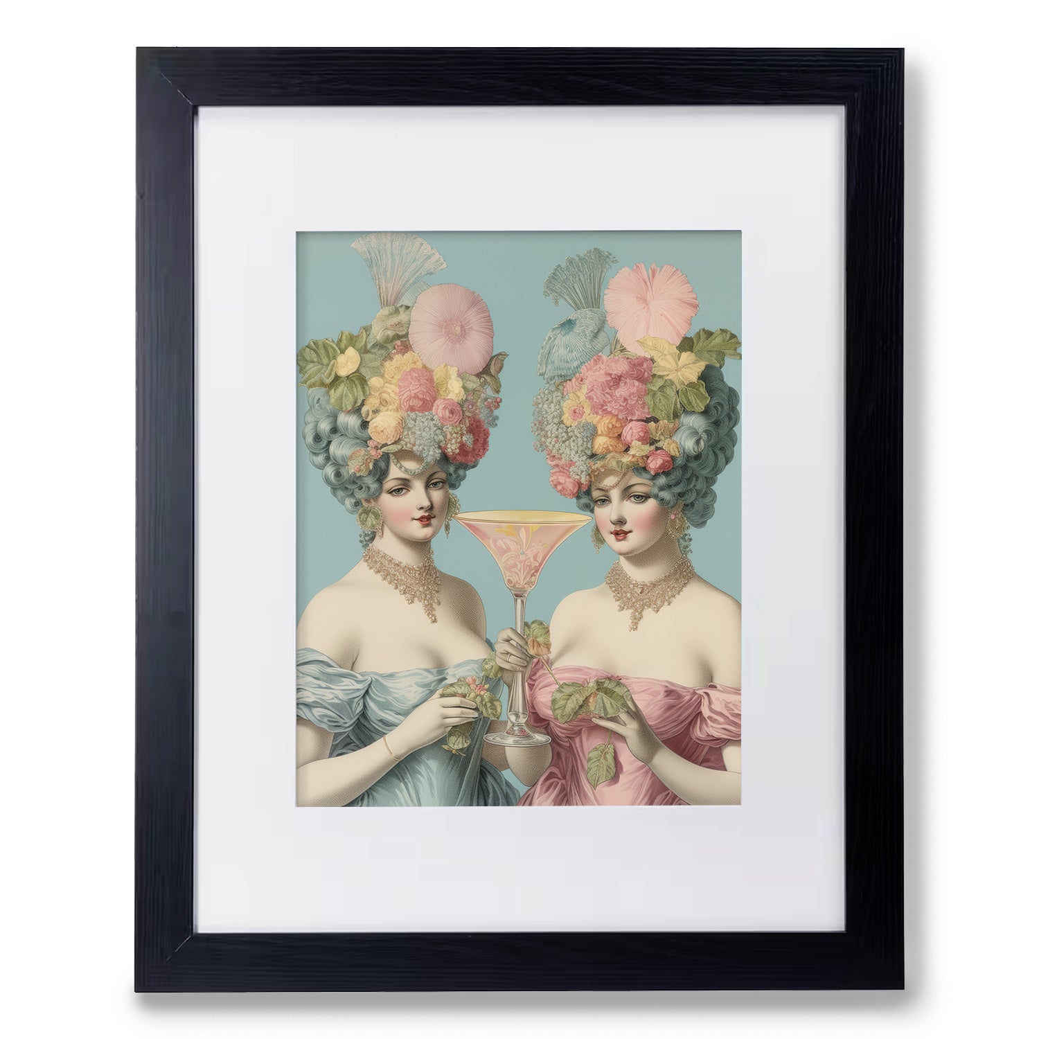 A framed print of two women with flowers on their heads, featuring the Let Them Drink Cocktails! frame by Stannie & Lloyd and hanging hardware.