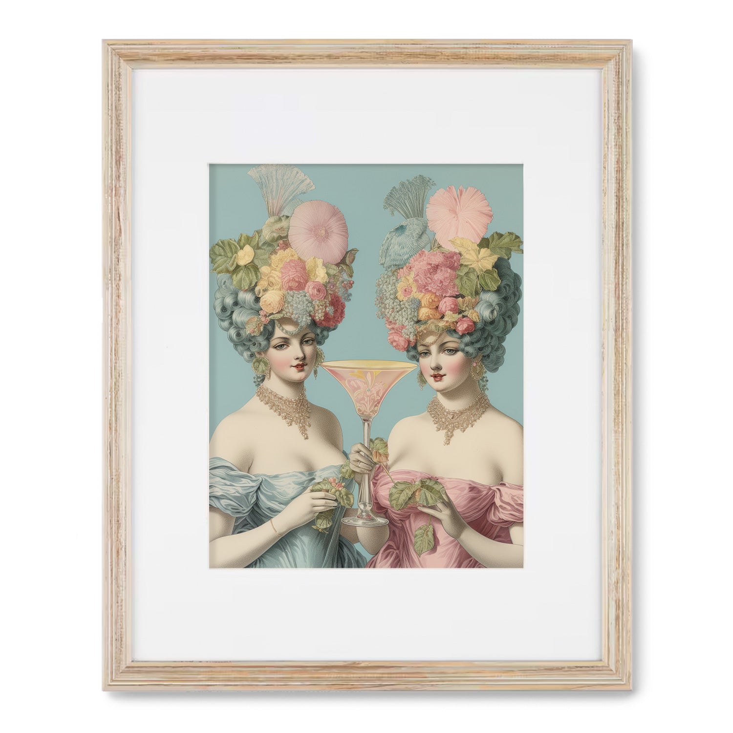 A framed print of Let Them Drink Cocktails! by Stannie & Lloyd, featuring two women with flowers on their heads, in a stylish frame.