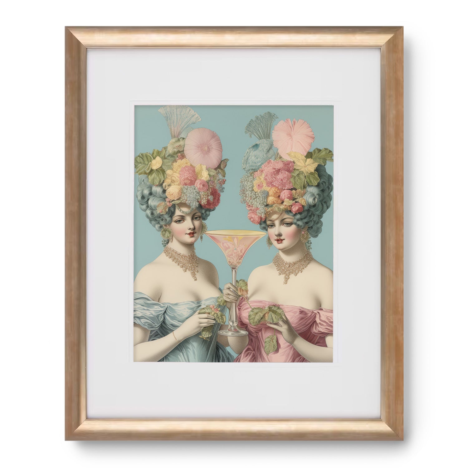 A framed art print of "Let Them Drink Cocktails!" by Stannie & Lloyd, featuring two women with flowers on their heads, complete with a frame and hanging hardware.