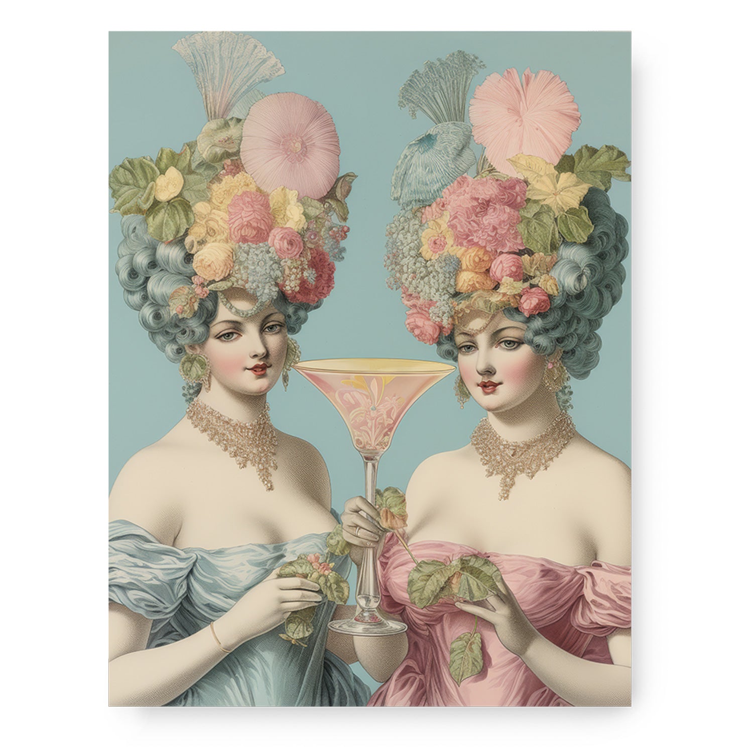 Two women with flowers in their hair gracefully holding a Let Them Drink Cocktails! martini glass, large print.