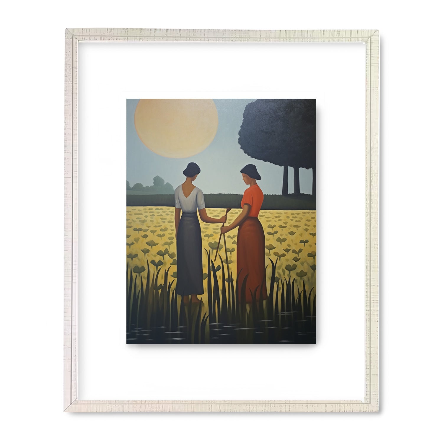 Two women standing in a field with the sun behind them, captured beautifully for Stannie & Lloyd's Music of Years Gone By vintage wall art.