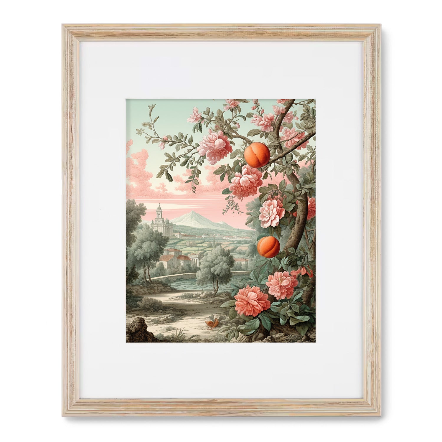 A Fruits & Flora wall decor print featuring a tranquil landscape with flowers and trees, perfect for adding a touch of art to your living room, made by Stannie & Lloyd.