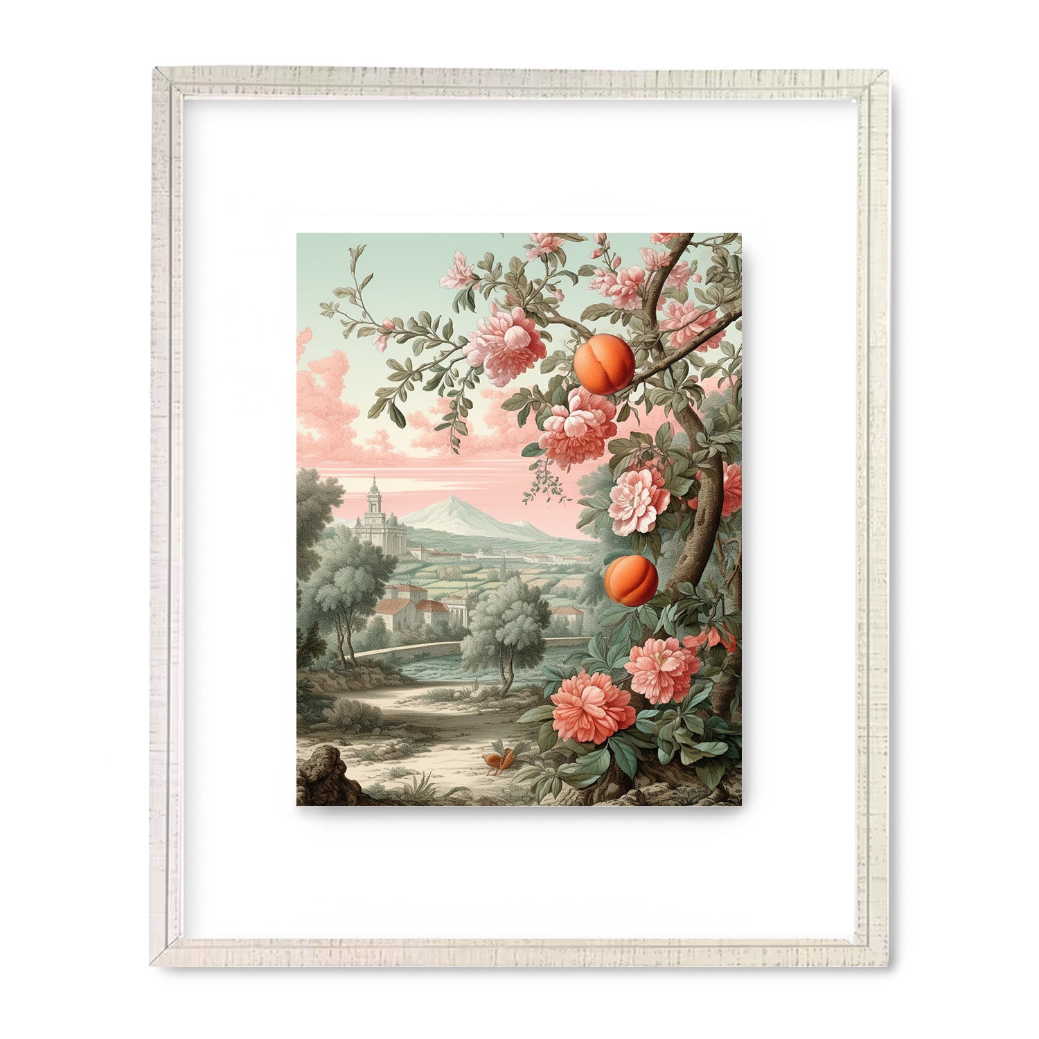 A Fruits & Flora framed print of a landscape with pink flowers and trees, perfect for wall decor, by Stannie & Lloyd.