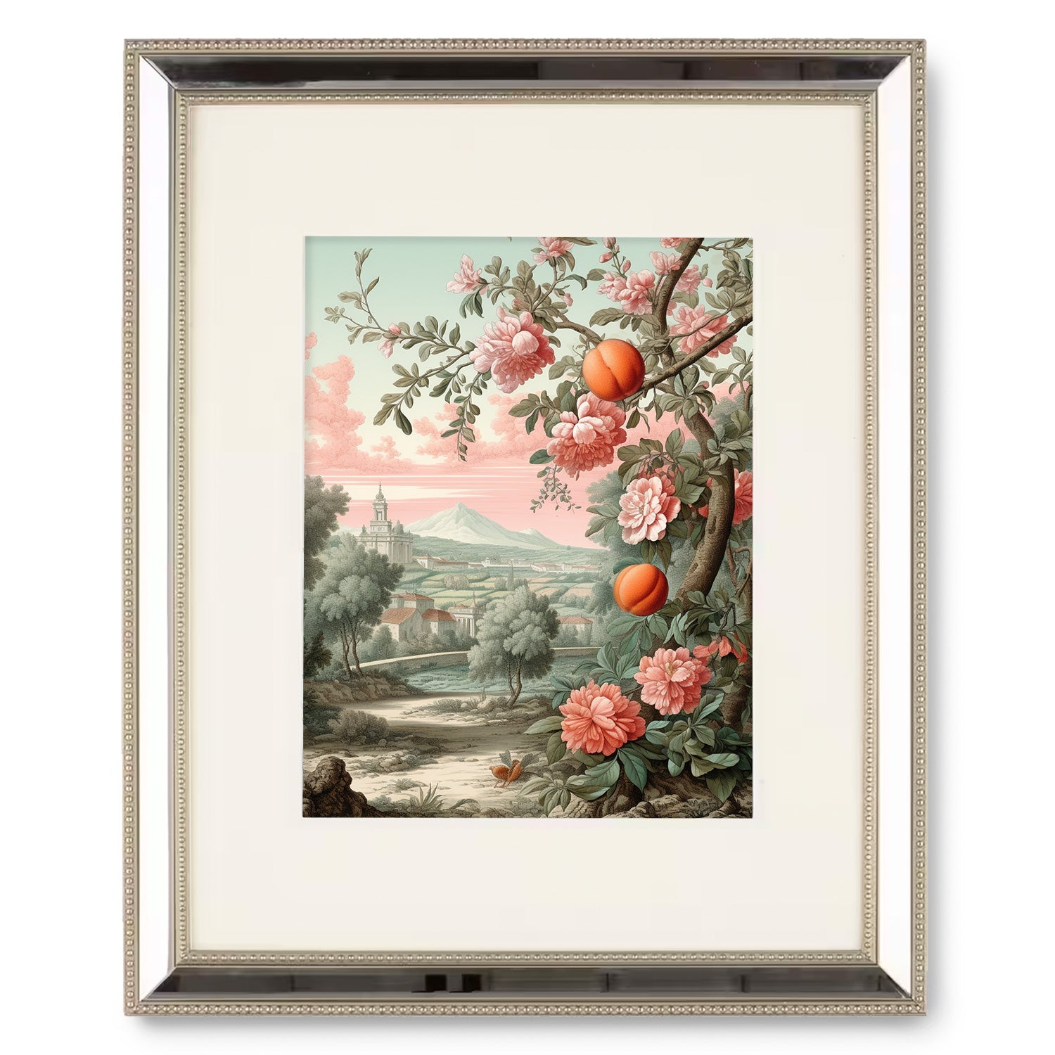 A framed print of Fruits & Flora by Stannie & Lloyd, a landscape with flowers and trees, that can be used as wall decor for the living room.