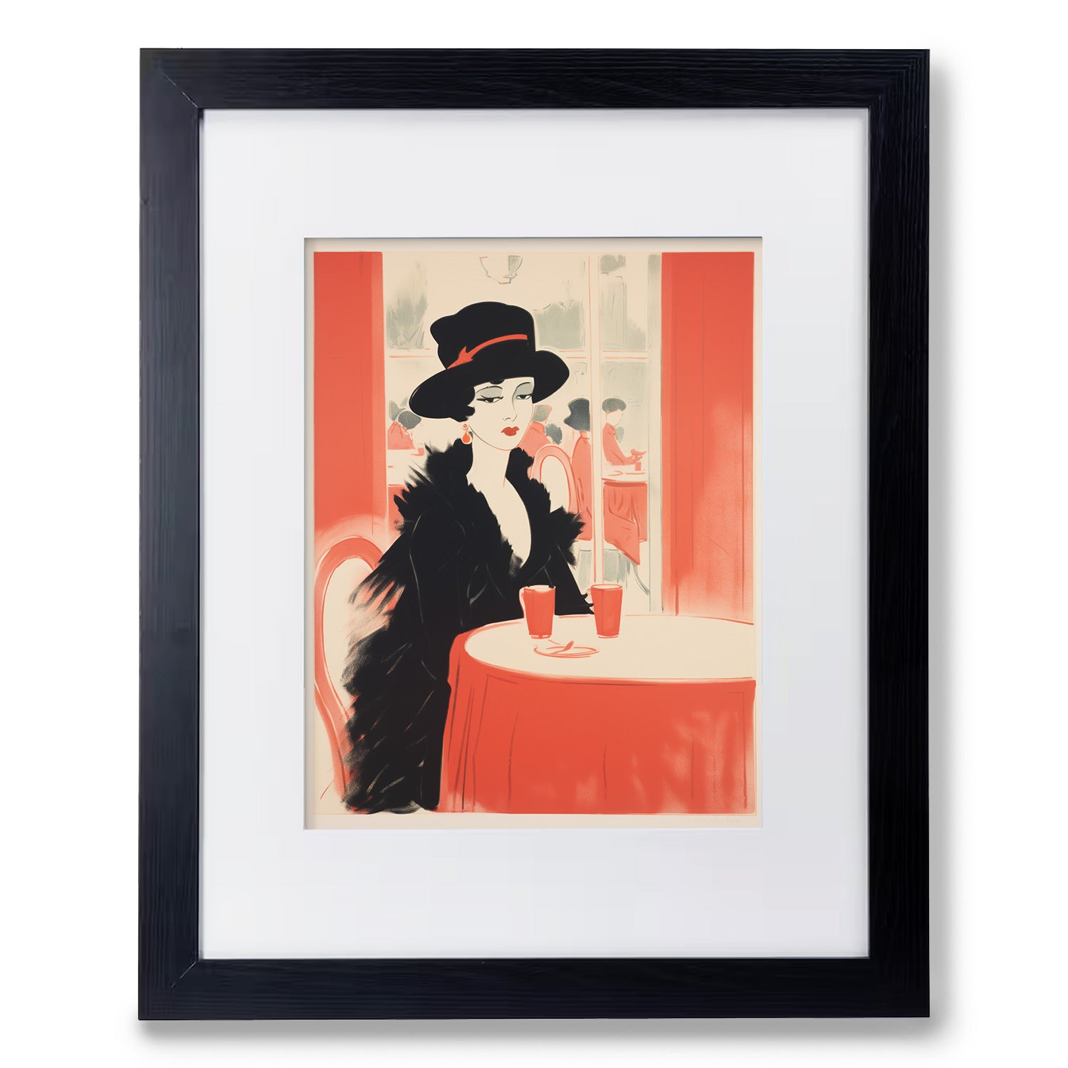 A Café framed print of a woman sitting at a table, perfect for wall decor or adding a touch of maximalist style to your walls with art by Stannie & Lloyd.